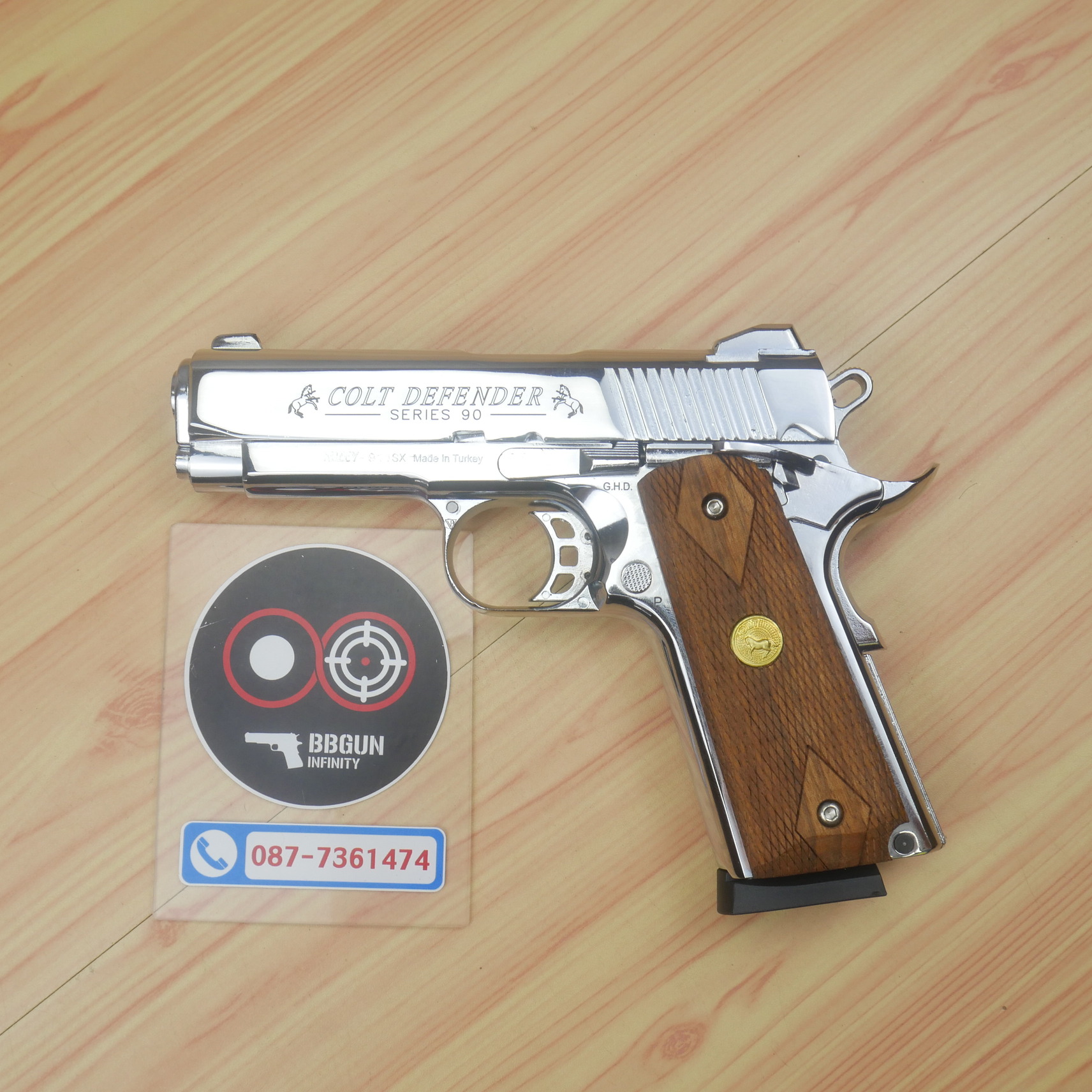 Blank Gun KUZEY M1911 COLT'S DEFENDER SERIES 90 ลำกล้อง 4 นิ้ว เงินเงา แบลงค์กัน ด้ามไม้ (แถมกล่องใส่ปืน)