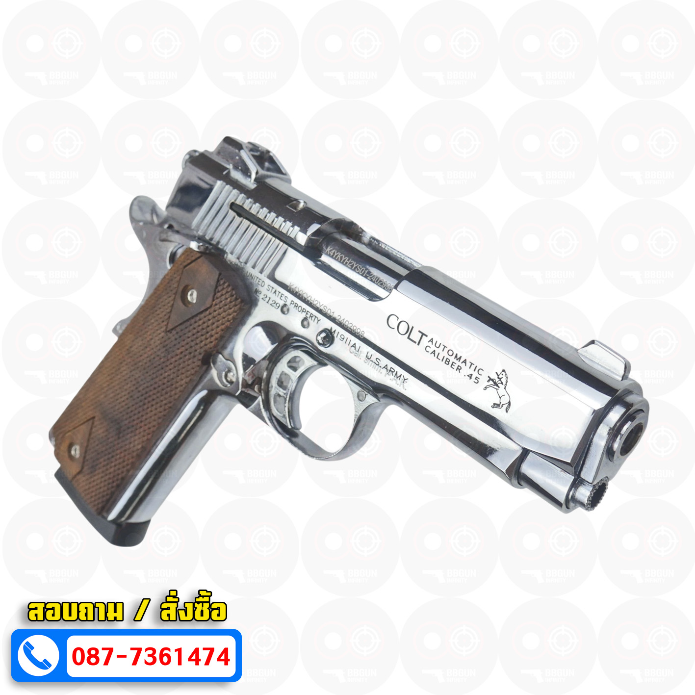 แบลงค์กัน KUZEY M1911 COLT MK IV SR70 สีเงินเงา 4 นิ้ว ด้ามไม้ blank gun