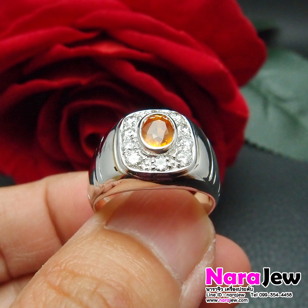 แหวนบุษราคัม บางกะจะ 1.5 กะรัต ล้อมเพชรแท้ 0.66 ct ทองหนาๆ สวมใส่แล้วดูภูมิฐาน สมฐานะ