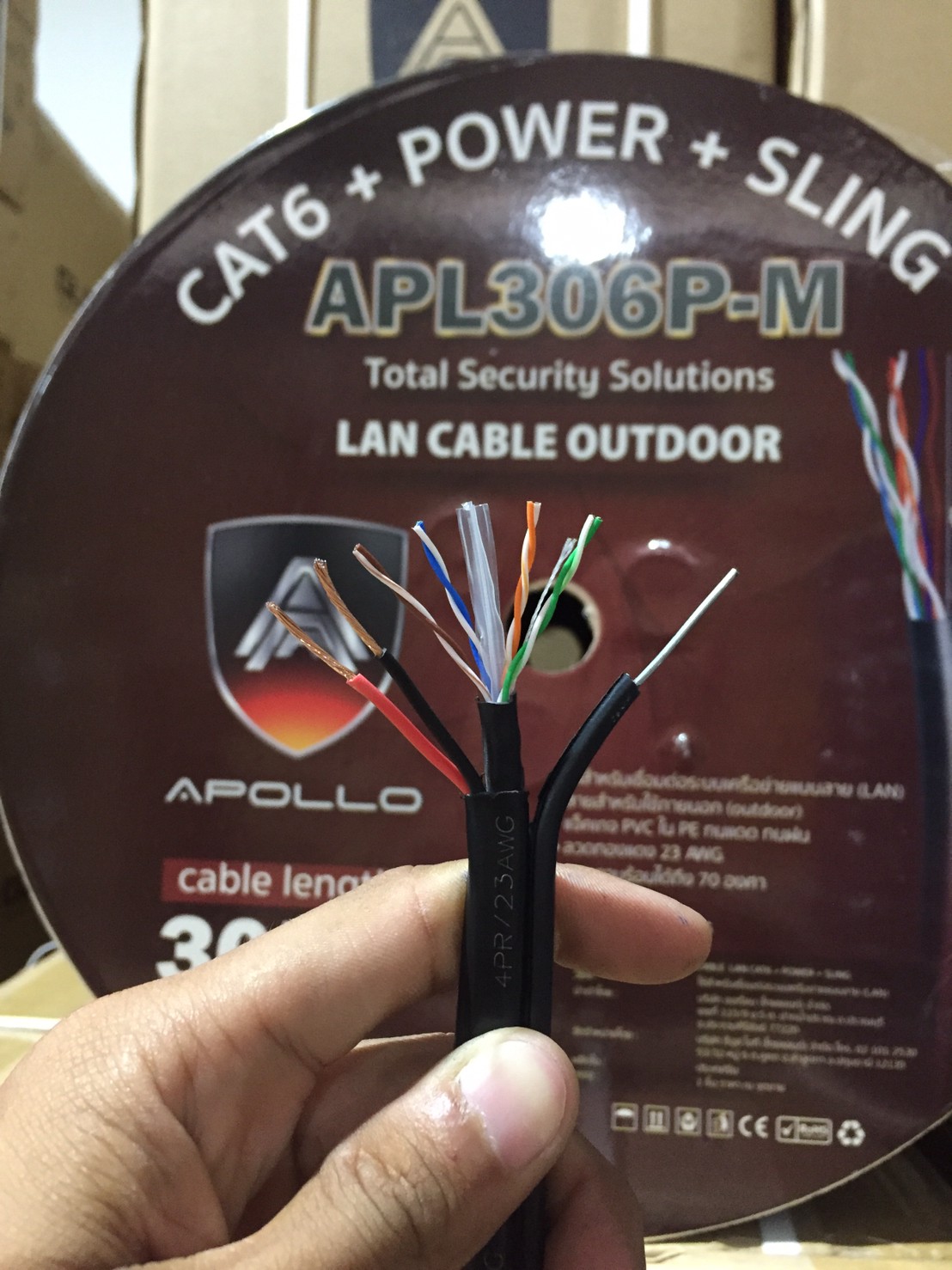 Apollo สายLAN CAT6 UTP รุ่น APL306P-M Lan+Power line+sling 305m.