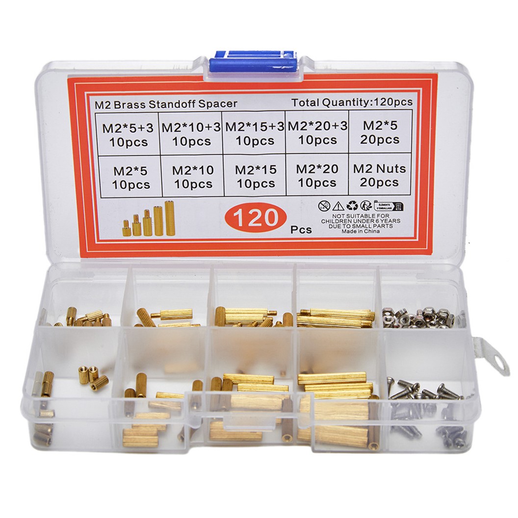 M2-120-Brass ชุดเสาทองเหลือง นอต สกรู M2 120ชิ้น 120Pcs M2 Hex Brass Standoff + Nut + Screw kit เสายึดแผ่นปริ้น เสารองบอร์ด ขารองบอร์ด เสารองแผ่น PCB