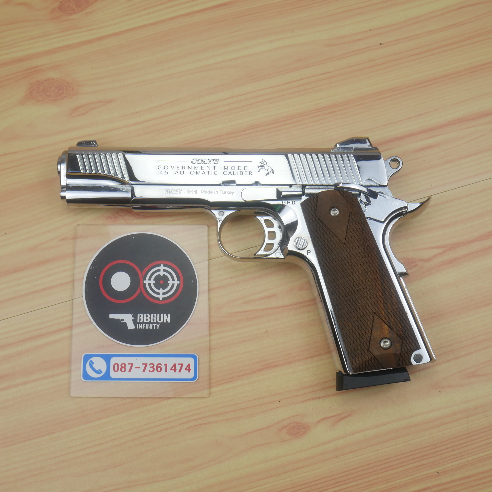 แบลงค์กัน KUZEY M1911 COLT GOVERMENT 100 Year เงินเงา 5 นิ้ว ด้ามไม้ blank gun