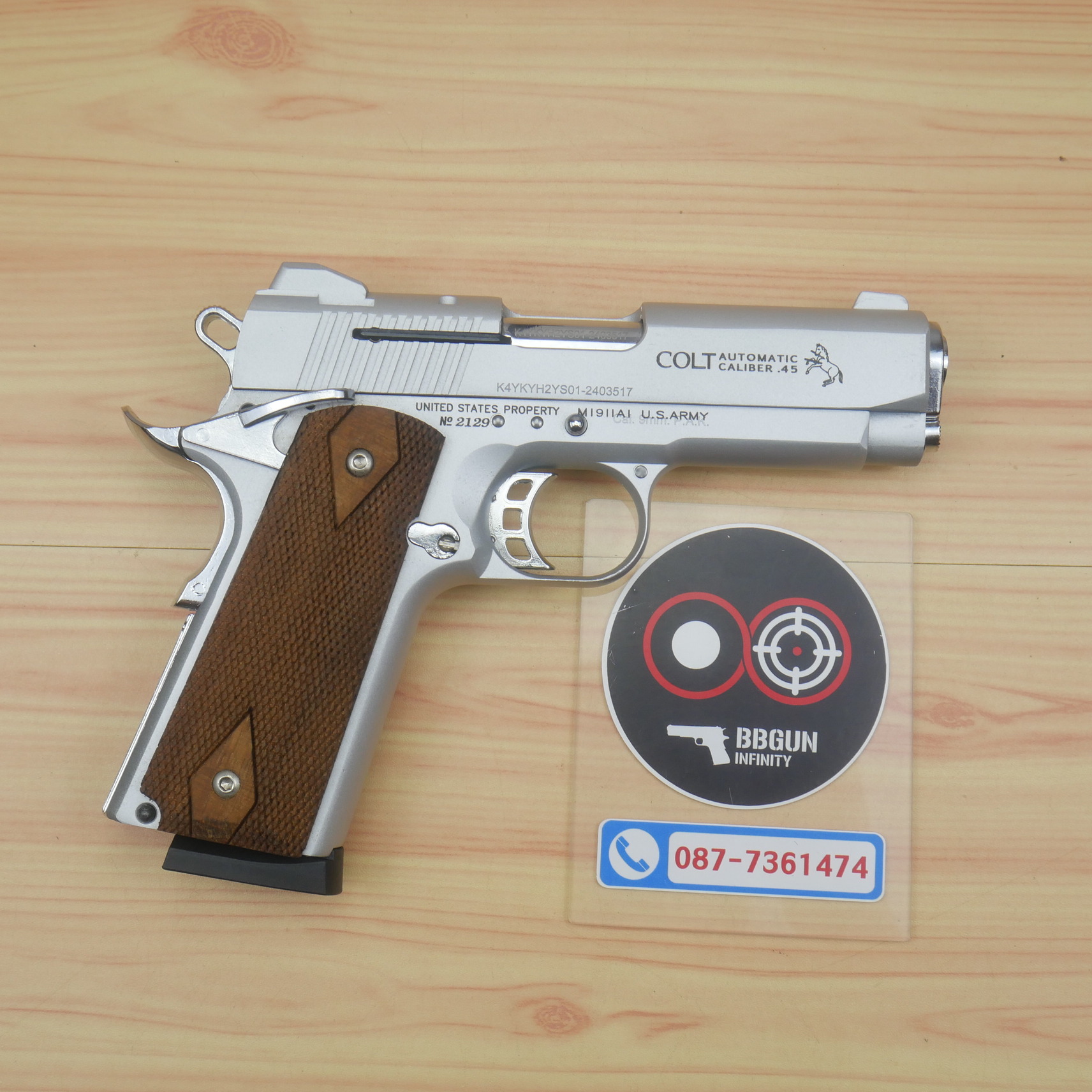 แบลงค์กัน KUZEY M1911 COLT MK IV SR70 สีเงินด้าน 4 นิ้ว ด้ามไม้ blank gun