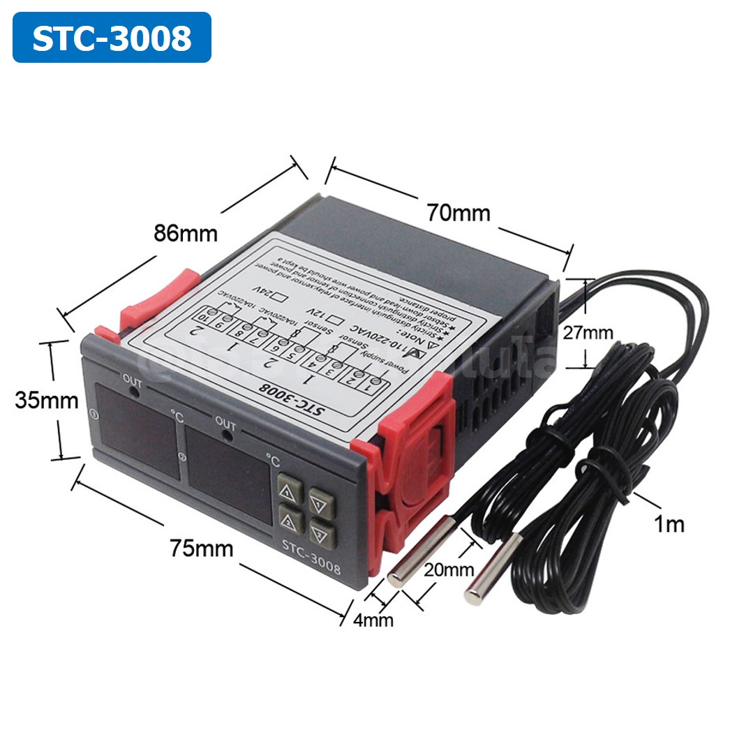 STC-3008 12/24VDC/220VAC เครื่องควบคุมอุณหภูมิ 2ช่อง NTC Dual Digital Temperature Controller ตัวควบคุมอุณหภูมิ Thermostat Control Regulator Heating/Cooling