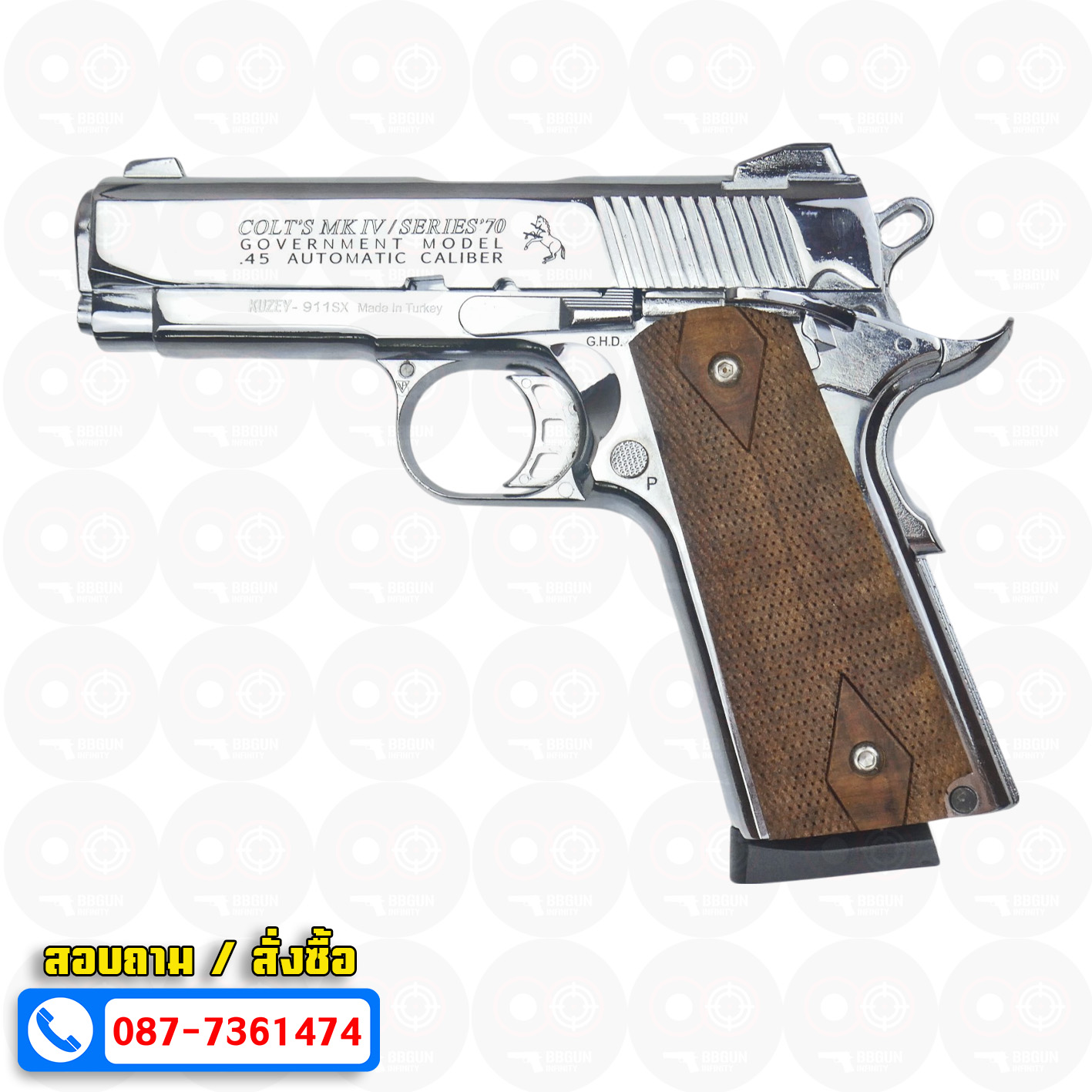แบลงค์กัน KUZEY M1911 COLT MK IV SR70 สีเงินเงา 4 นิ้ว ด้ามไม้ blank gun
