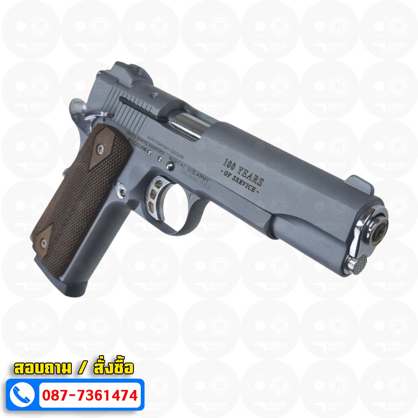 แบลงค์กัน KUZEY M1911 COLT'S 100 ปี สีสโมค ลำกล้อง 5 นิ้ว blank gun ด้ามไม้ (แถมกล่องใส่ปืน)