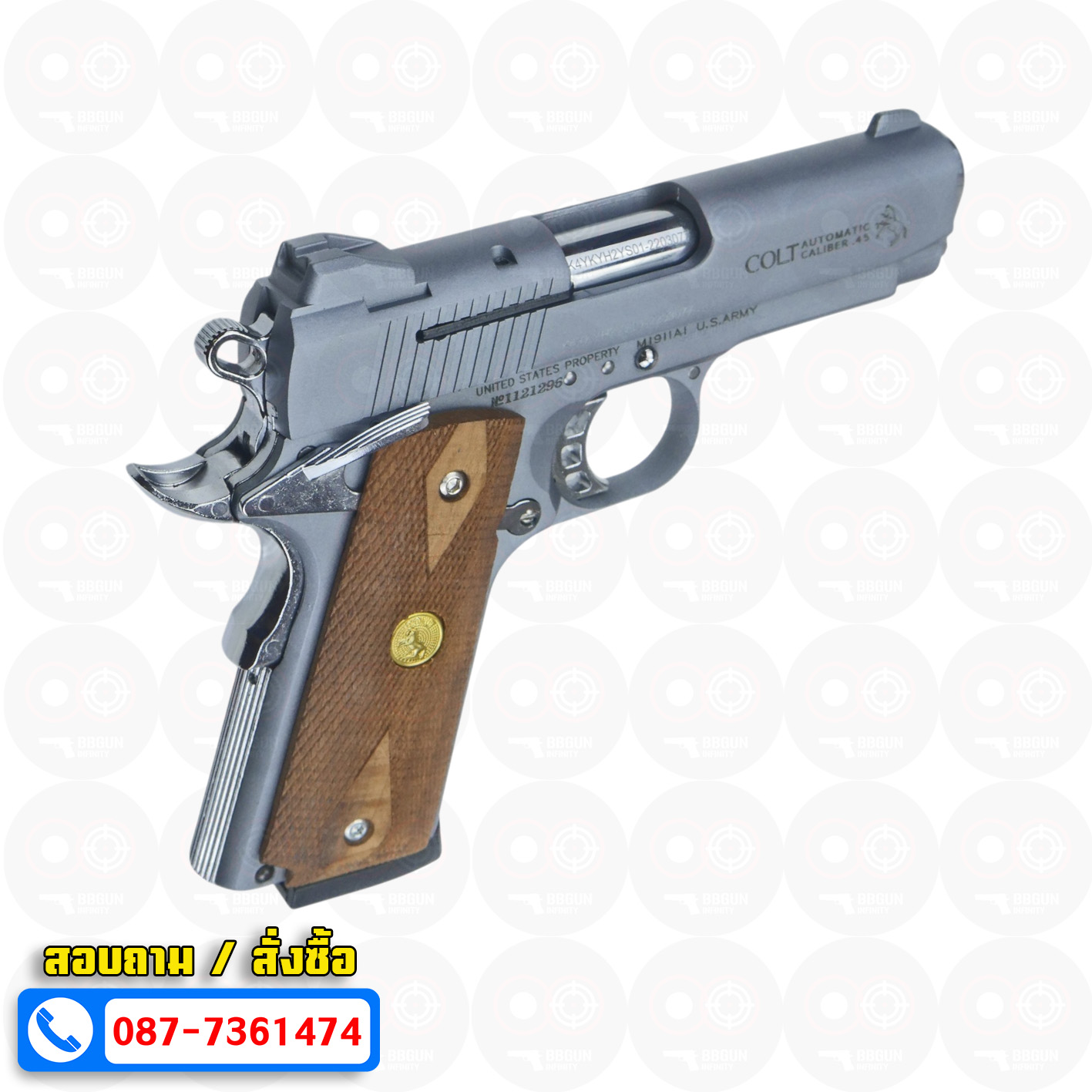 แบลงค์กัน KUZEY M1911 COLT'S DEFENDER SERIES 90 สีสโมค 4 นิ้ว ด้ามไม้ Blank Gun