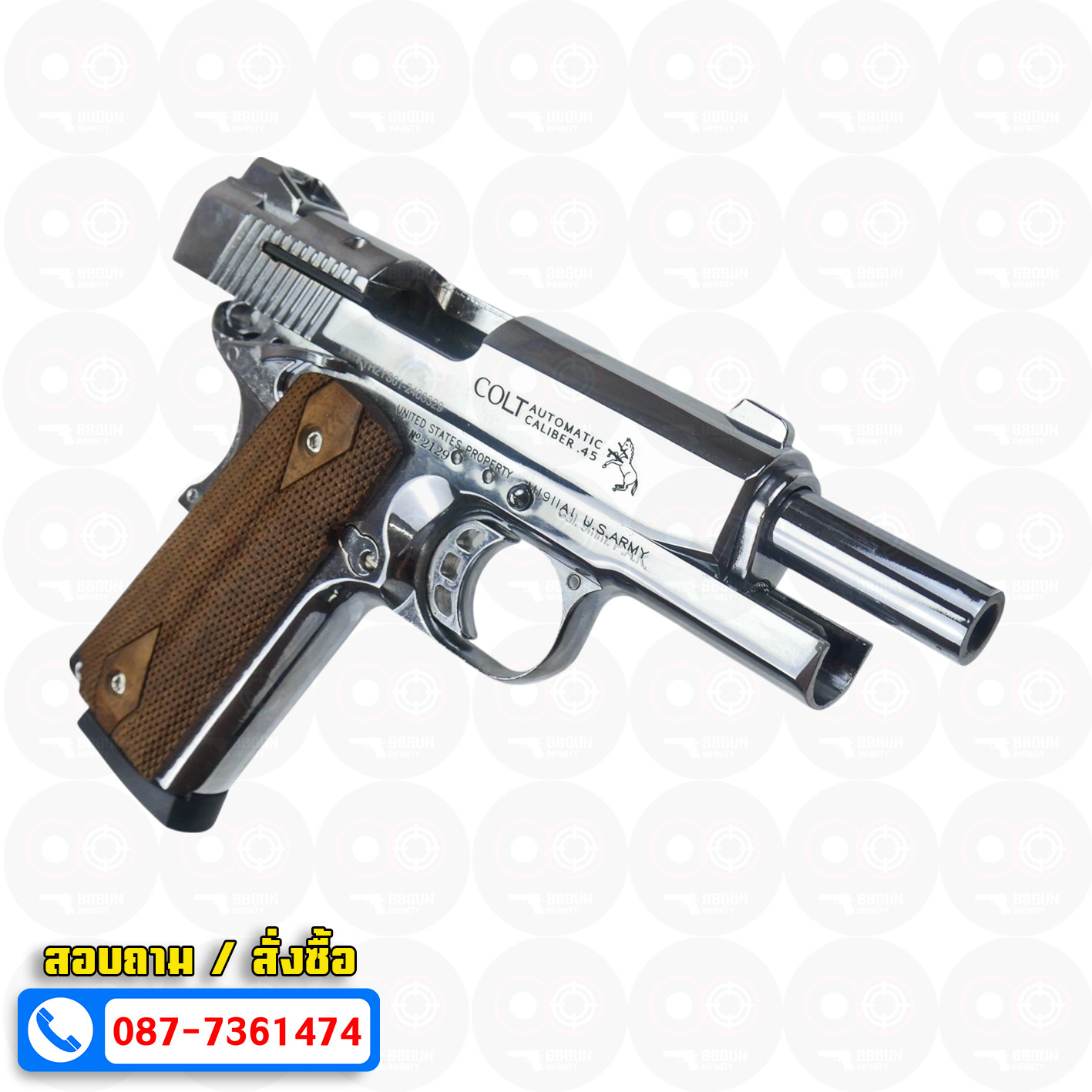 แบลงค์กัน KUZEY M1911 COLT'S DEFENDER SERIES 90 สีเงินเงา 4 นิ้ว ด้ามไม้ Blank Gun