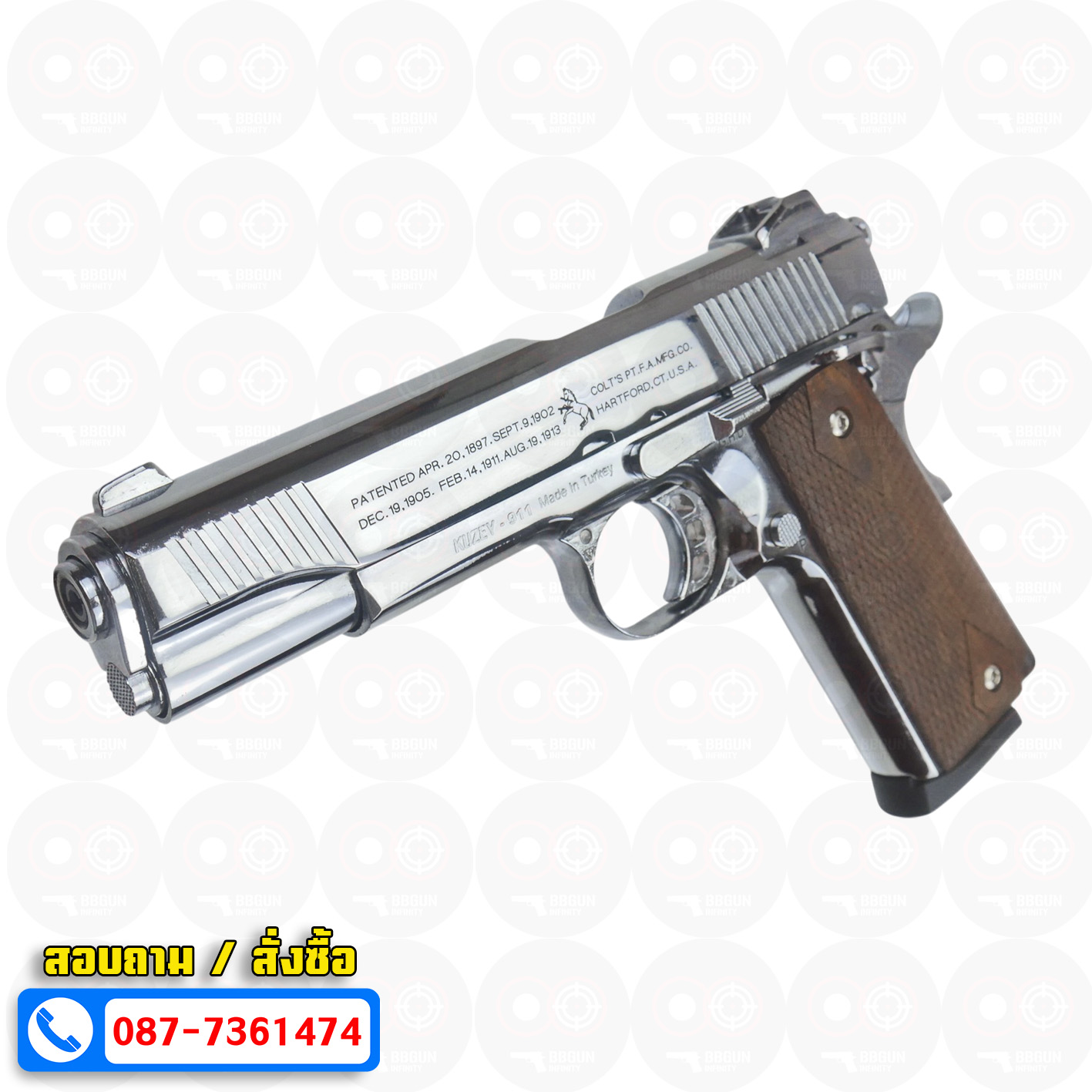 แบลงค์กัน KUZEY M1911 COLT'S 100 ปี สีเงินเงา 5 นิ้ว ด้ามไม้ blank gun