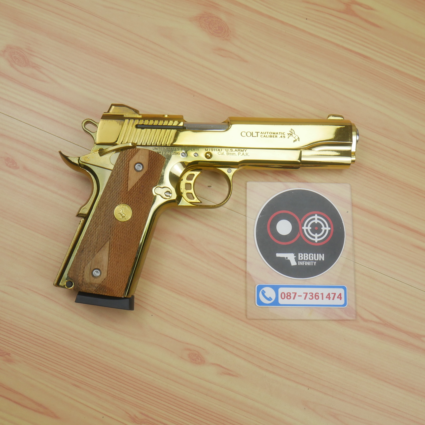 แบลงค์กัน KUZEY M1911 COLT MK IV SERIES 80 สีทอง 5 นิ้ว ด้ามไม้ Blank Gun