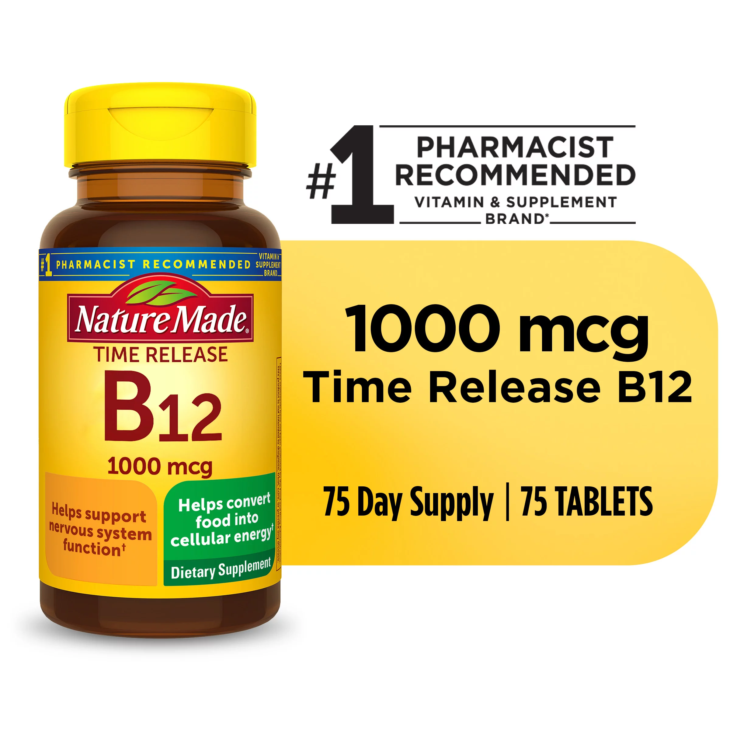 Nature Made B12 1000 mcg Time release 75 เม็ด ค่อยๆปล่อยวิตามินทั้งวัน วิตามินบี 12 บำรุงระบบประสาท สร้างเม็ดเลือดแดง