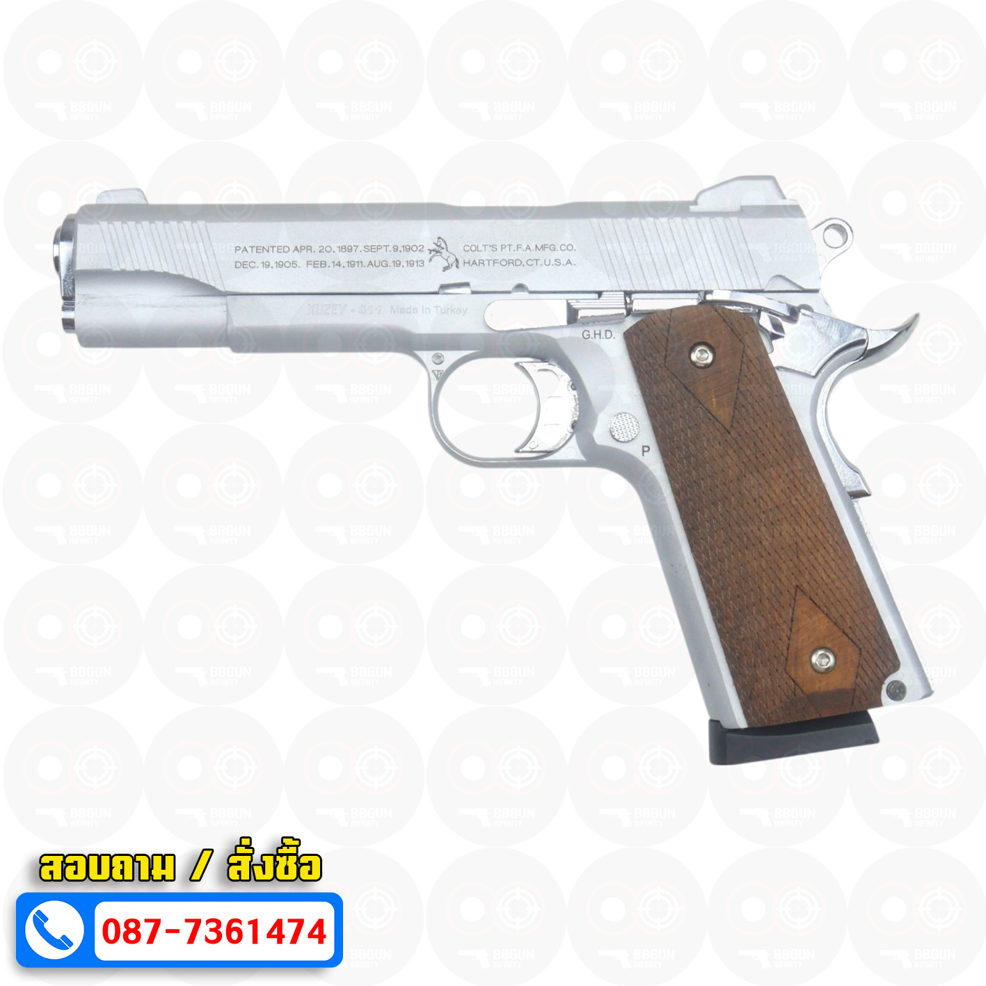 แบลงค์กัน KUZEY M1911 COLT'S 100 ปี สีเงินด้าน 5 นิ้ว ด้ามไม้ blank gun