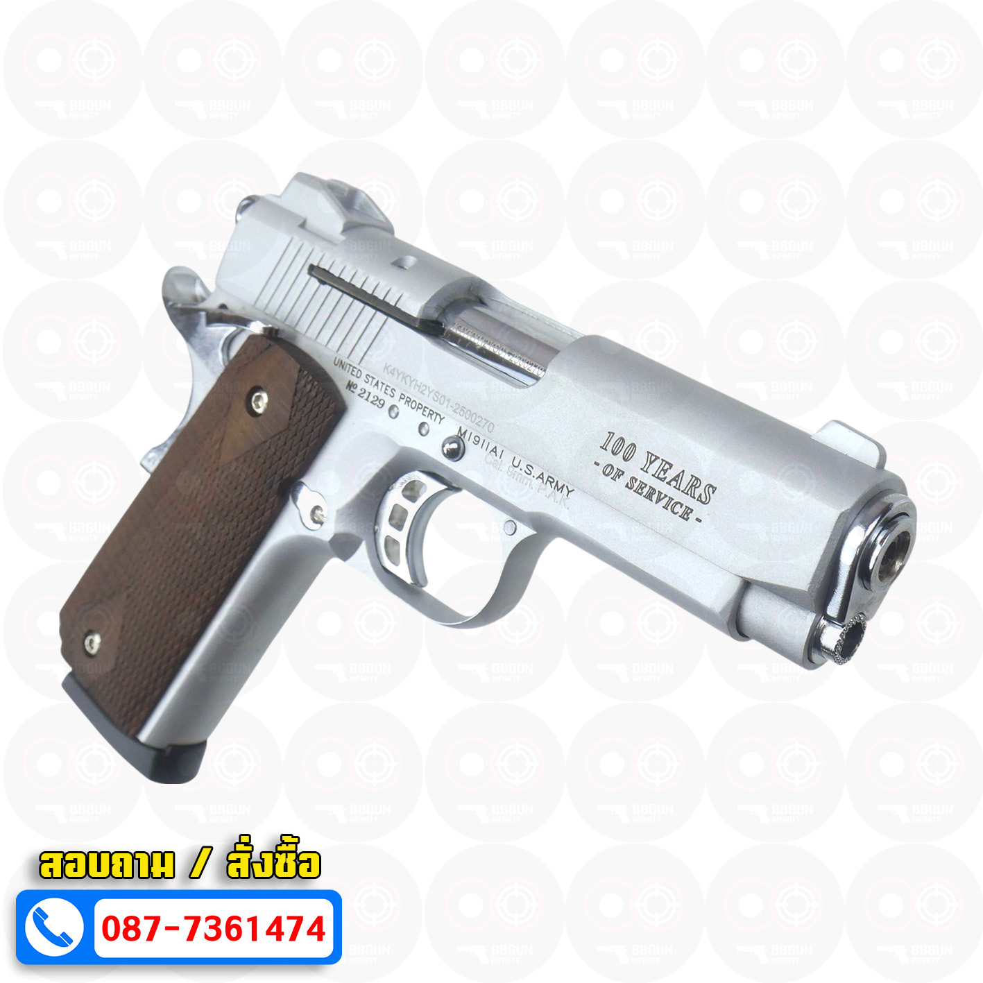 แบลงค์กัน KUZEY M1911 COLT GOVERMENT 100 Year เงินด้าน 4 นิ้ว ด้ามไม้ blank gun