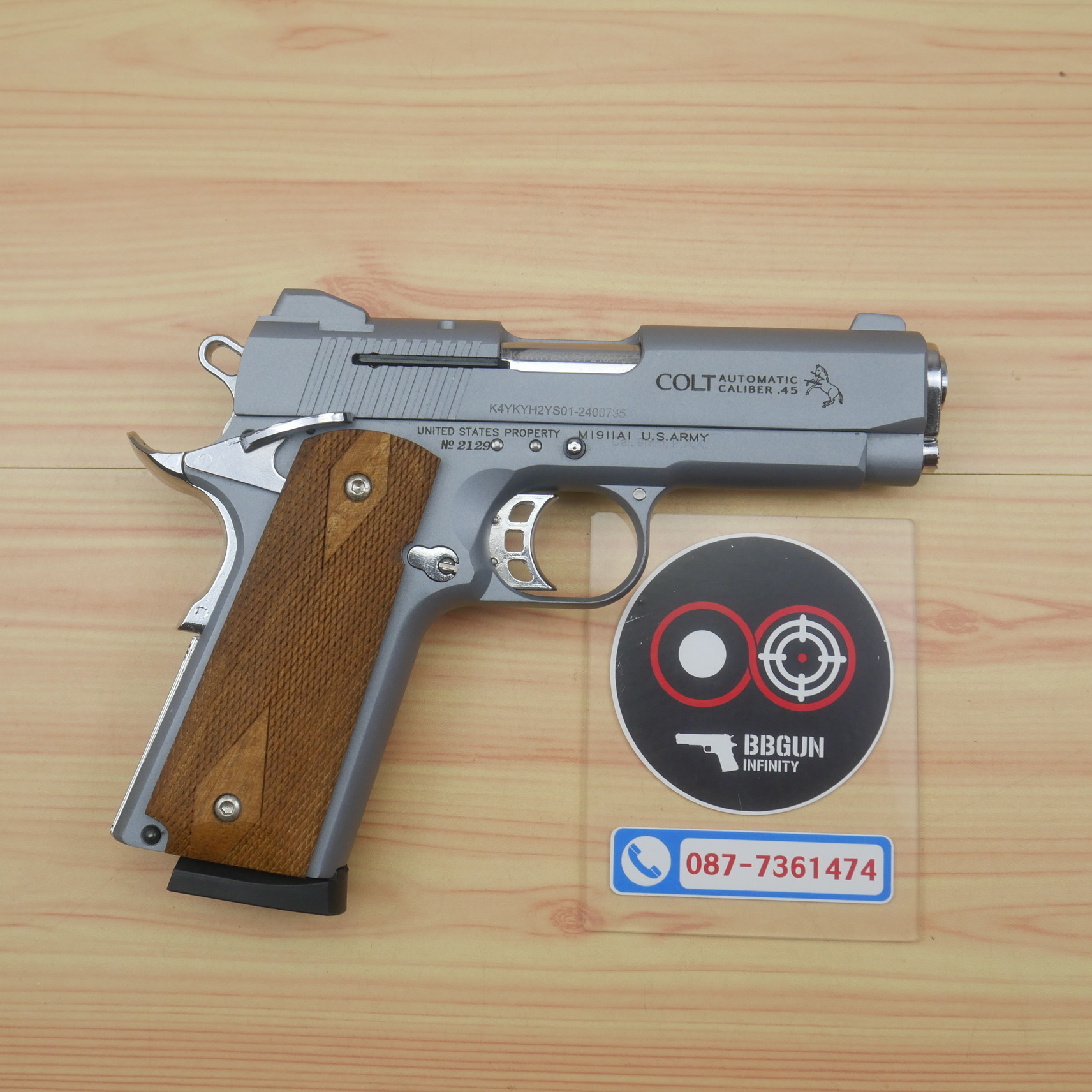 แบลงค์กัน KUZEY M1911 COLT'S DEFENDER SERIES 90 สีสโมค 4 นิ้ว ด้ามไม้ Blank Gun