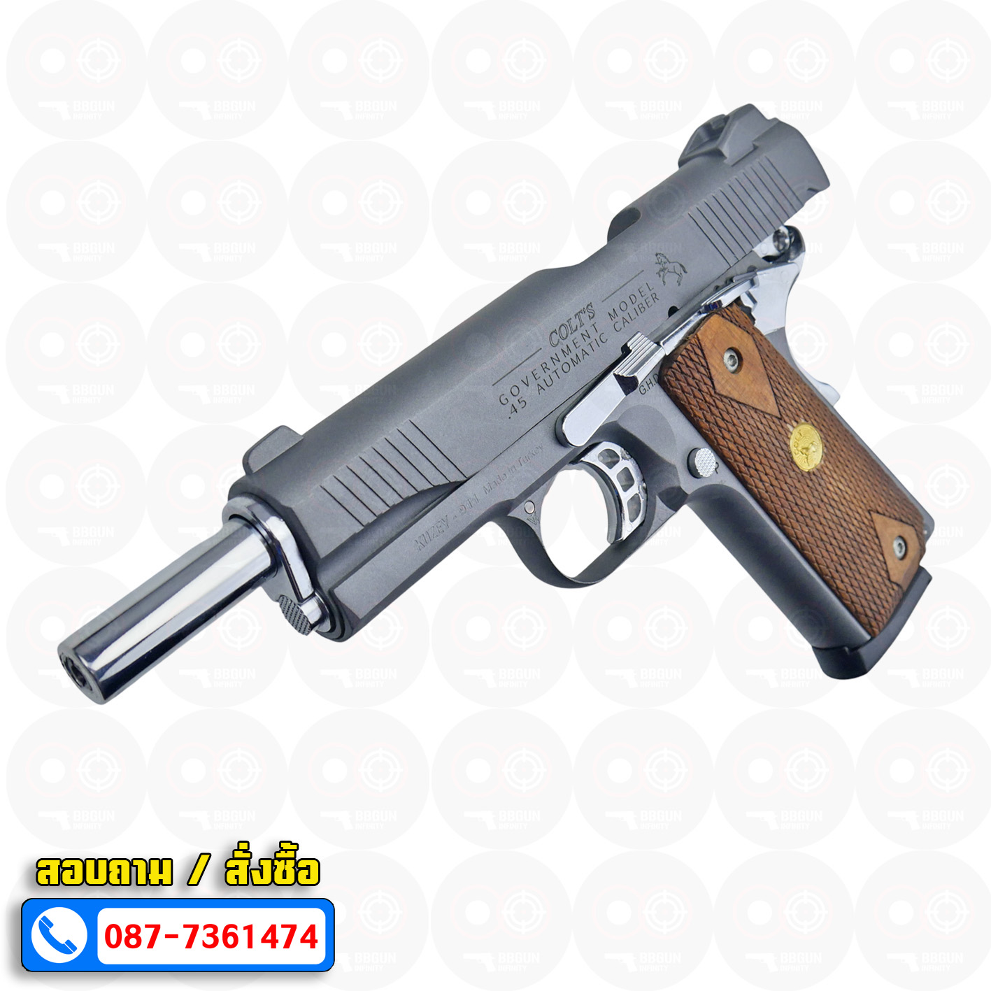 แบลงค์กัน KUZEY M1911 5 นิ้ว COLT GOVERMENT 100 Year สีสโมค blank gun ด้ามไม้ (แถมกล่องใส่ปืน)