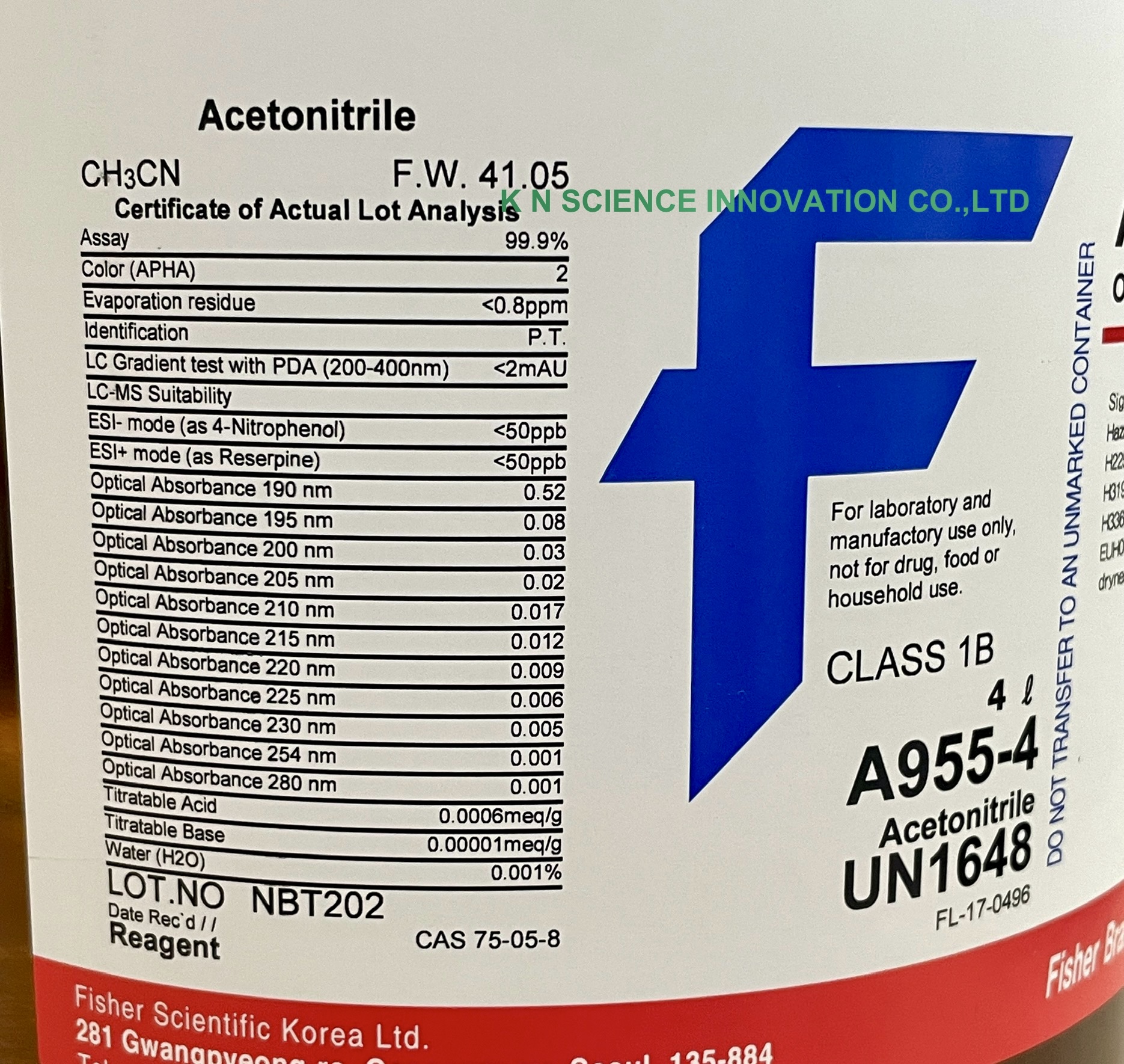 Acetonitrile, Optima LC/MS grade, (Glass bottle) 75-05-8, 4 L, Fisher A955-4_K