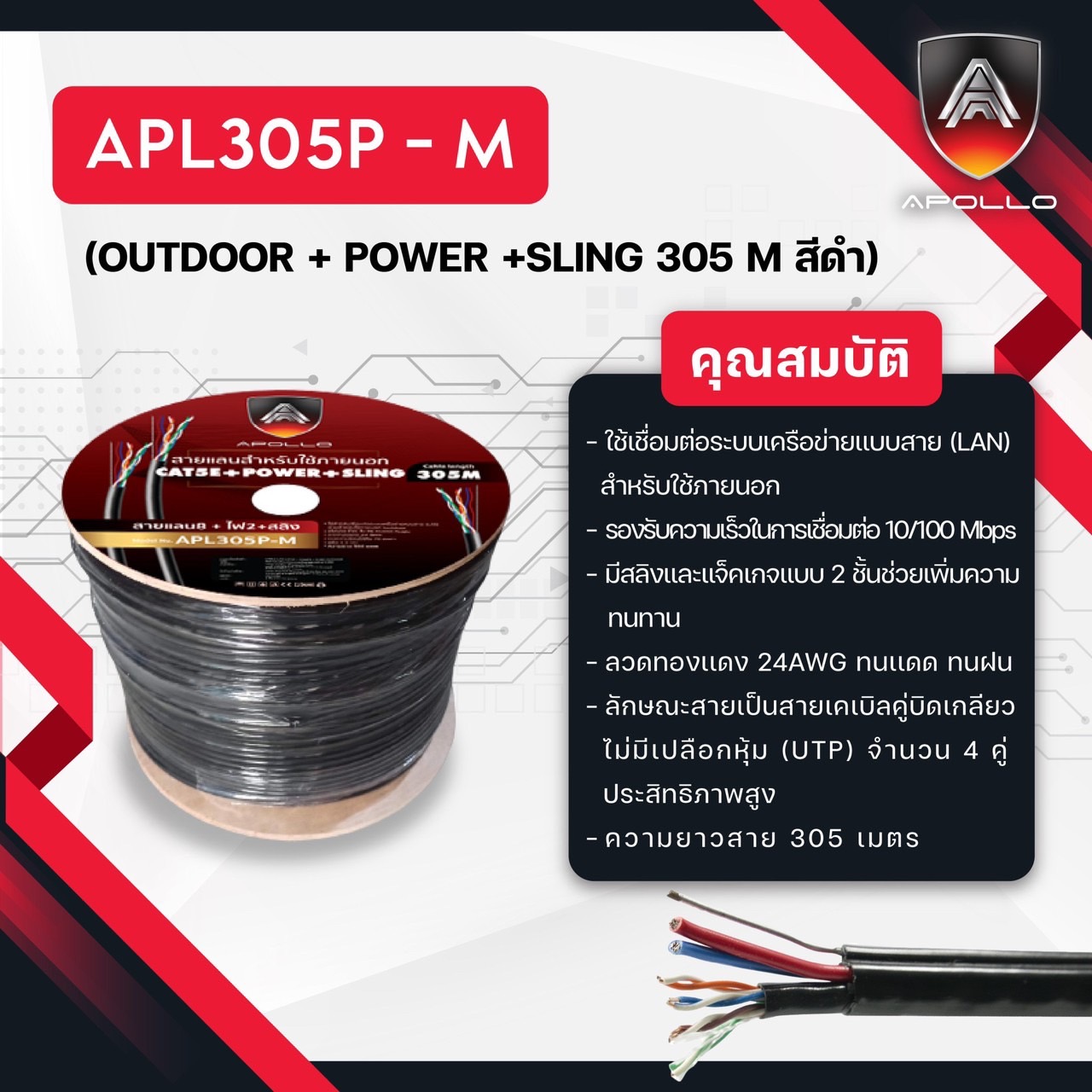 Apollo สายLAN CAT5E UTP รุ่น APL305P-M Lan + Power Line+ Messeger wire 305M