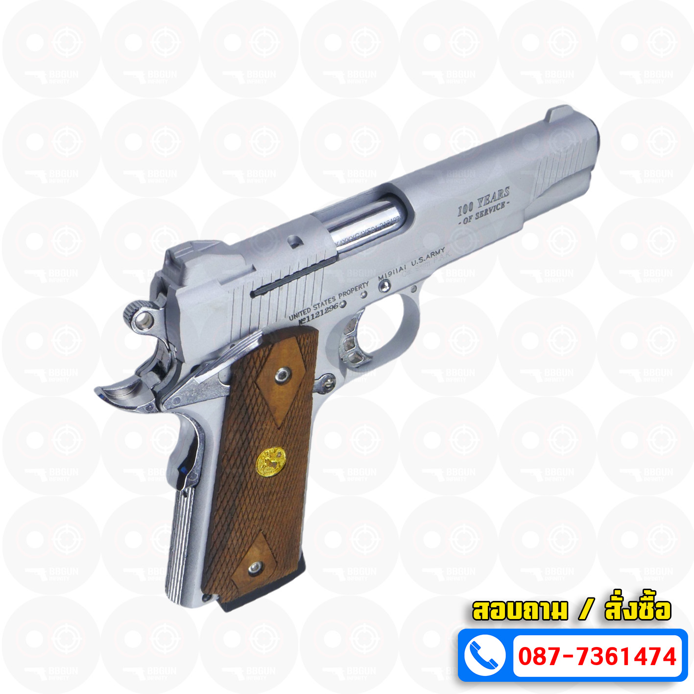 แบลงค์กัน KUZEY M1911 ลำกล้อง 5 นิ้ว COLT GOVERMENT 100 Year สีเงินด้าน blank gun ด้ามไม้ (แถมกล่องใส่ปืน)