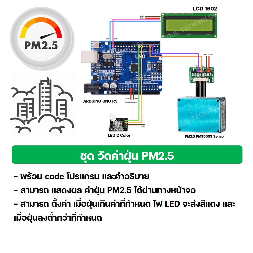 (1ชุด) PJ-RF007 ชุด วัดค่าฝุ่น PM2.5 Arduino UNO R3 พร้อม Code และคำอธิบาย Dust Station PM2.5 PMS5003 Sensor PLANTOWER ชุดส่งเสริมการเรียนรู้