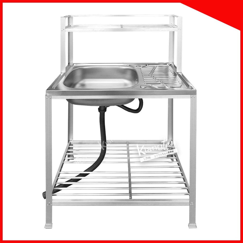 Diamond อ่างล้างจาน ตราเพชร 45x75x125 ซม. 1 ชั้นวาง+ต่อบน มีที่วางจาน | ซิงค์ล้างจาน สแตนเลส ขาอลูมิเนียม (เลือกก๊อกได้)