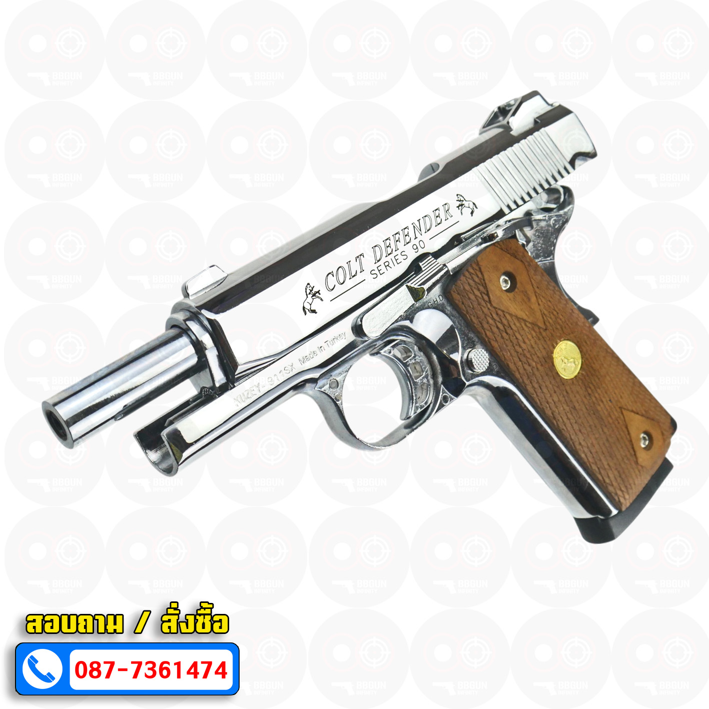 Blank Gun KUZEY M1911 COLT'S DEFENDER SERIES 90 ลำกล้อง 4 นิ้ว เงินเงา แบลงค์กัน ด้ามไม้ (แถมกล่องใส่ปืน)