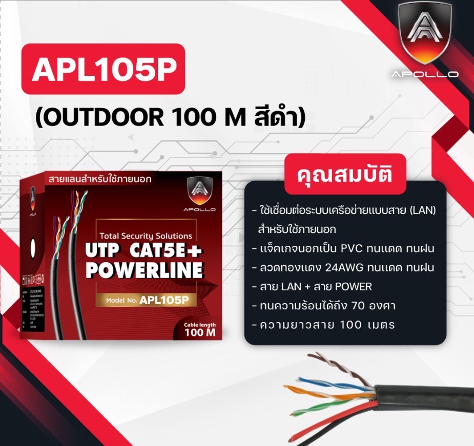 Apollo สายLAN CAT5E UTP รุ่น APL105P-OUTDOOR Lan + Power line 100M.