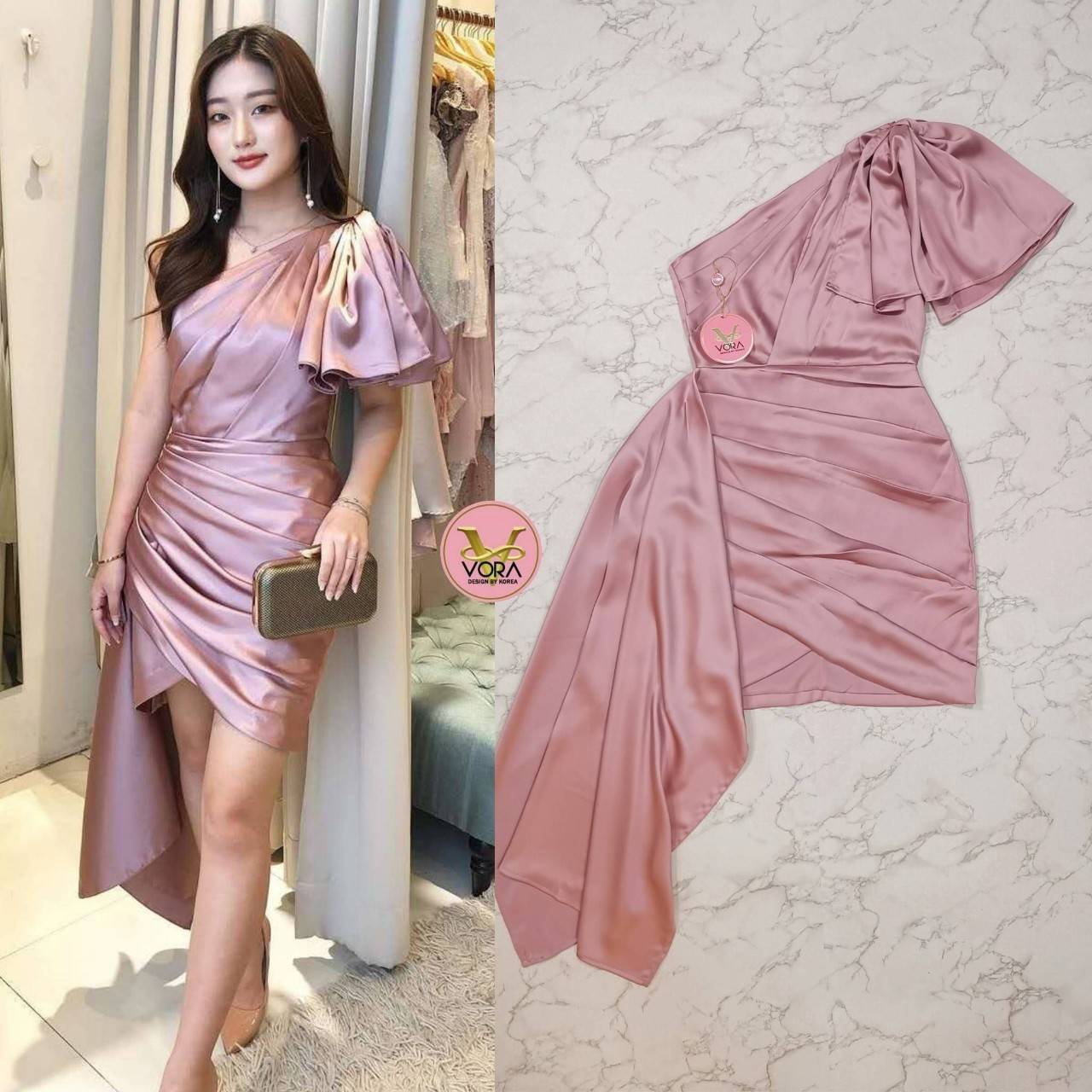 Dress ไหล่เดียวแต่งโบว์ช่วงไหล่จับลอน
