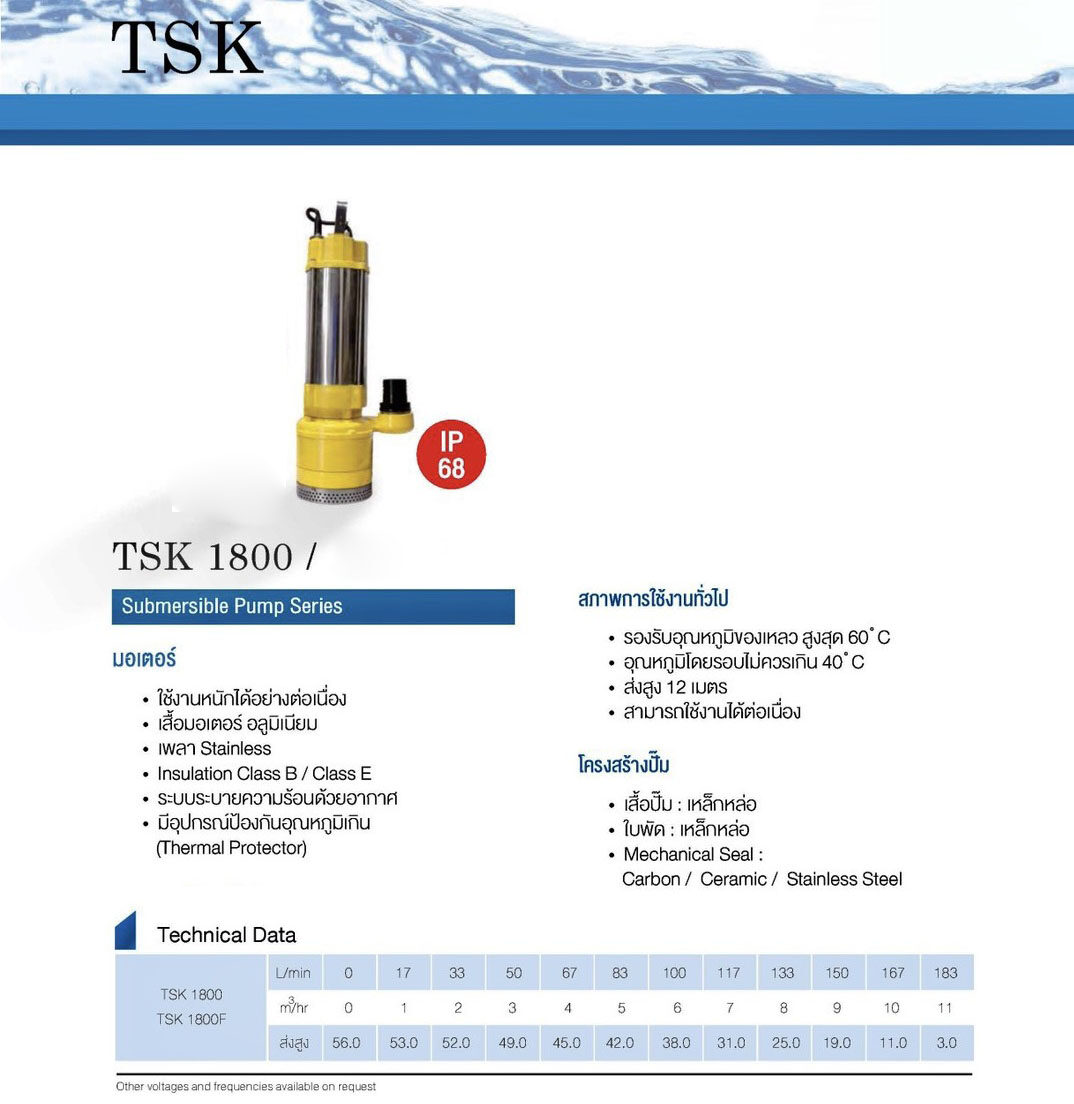 ปั๊มไดโว่ ส่งสูงพิเศษTosaki 1800w รุ่นTSK 1800 220v ท่อ 2“ ส่งสูง 52 ม. ส่งฟรี
