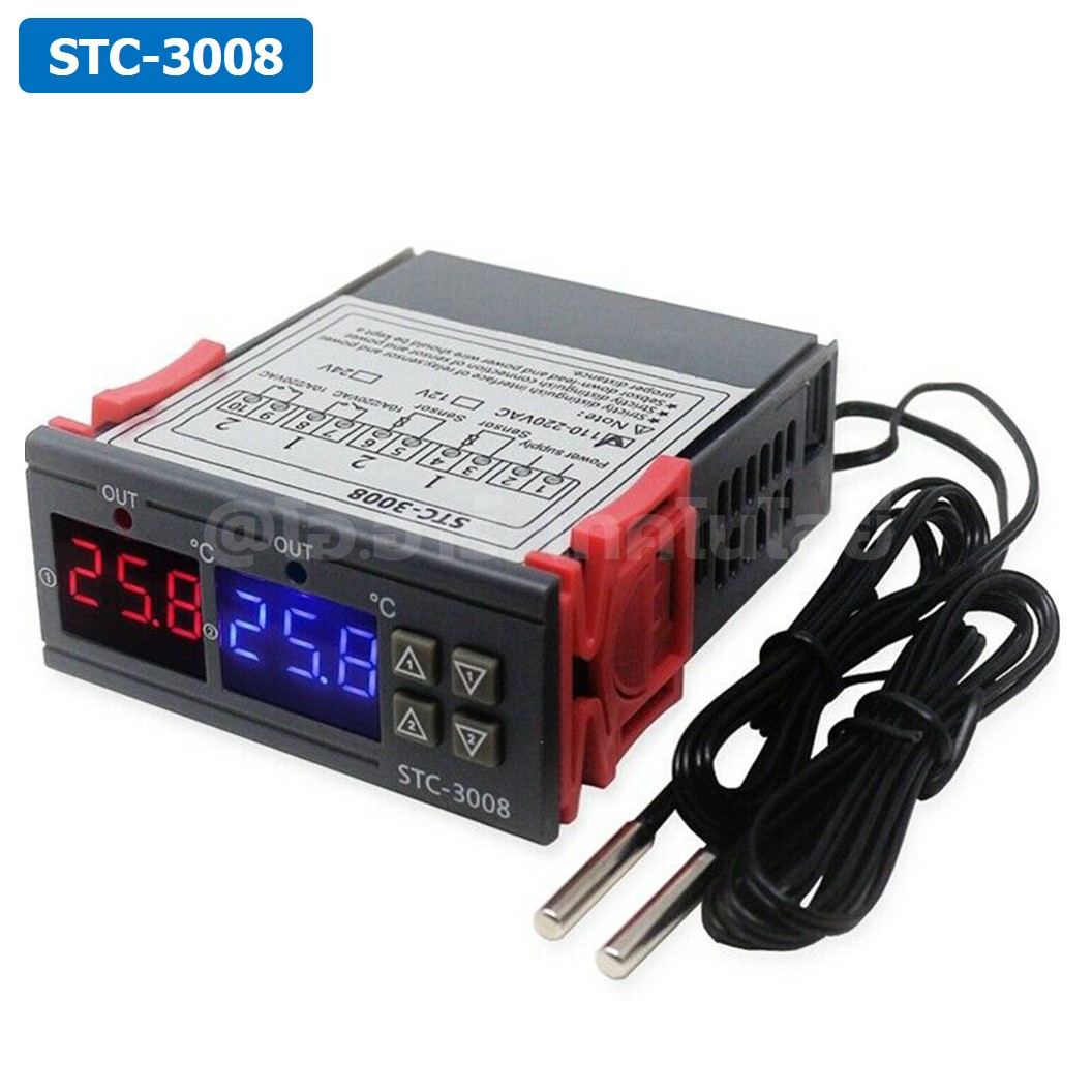 STC-3008 12/24VDC/220VAC เครื่องควบคุมอุณหภูมิ 2ช่อง NTC Dual Digital Temperature Controller ตัวควบคุมอุณหภูมิ Thermostat Control Regulator Heating/Cooling