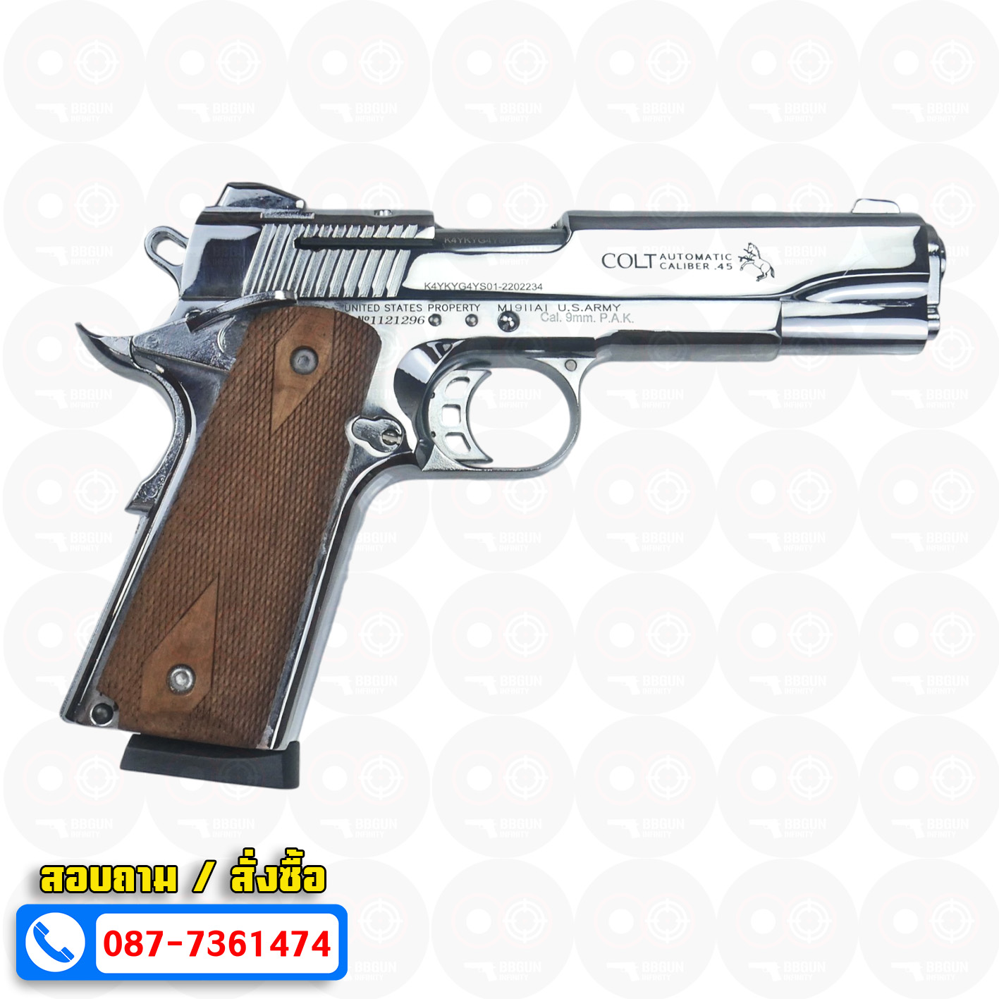 แบลงค์กัน KUZEY M1911 COLT'S MK IV SERIES 80 blank gun สีเงินเงา ลำกล้อง 5 นิ้ว ด้ามไม้