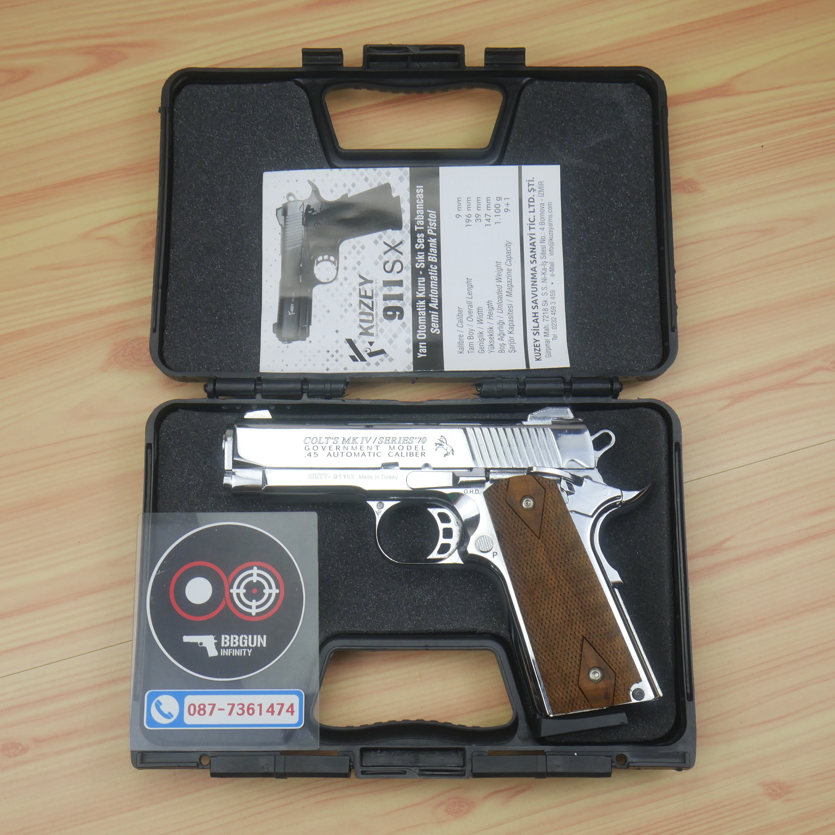 แบลงค์กัน KUZEY M1911 COLT MK IV SR70 สีเงินเงา 4 นิ้ว ด้ามไม้ blank gun