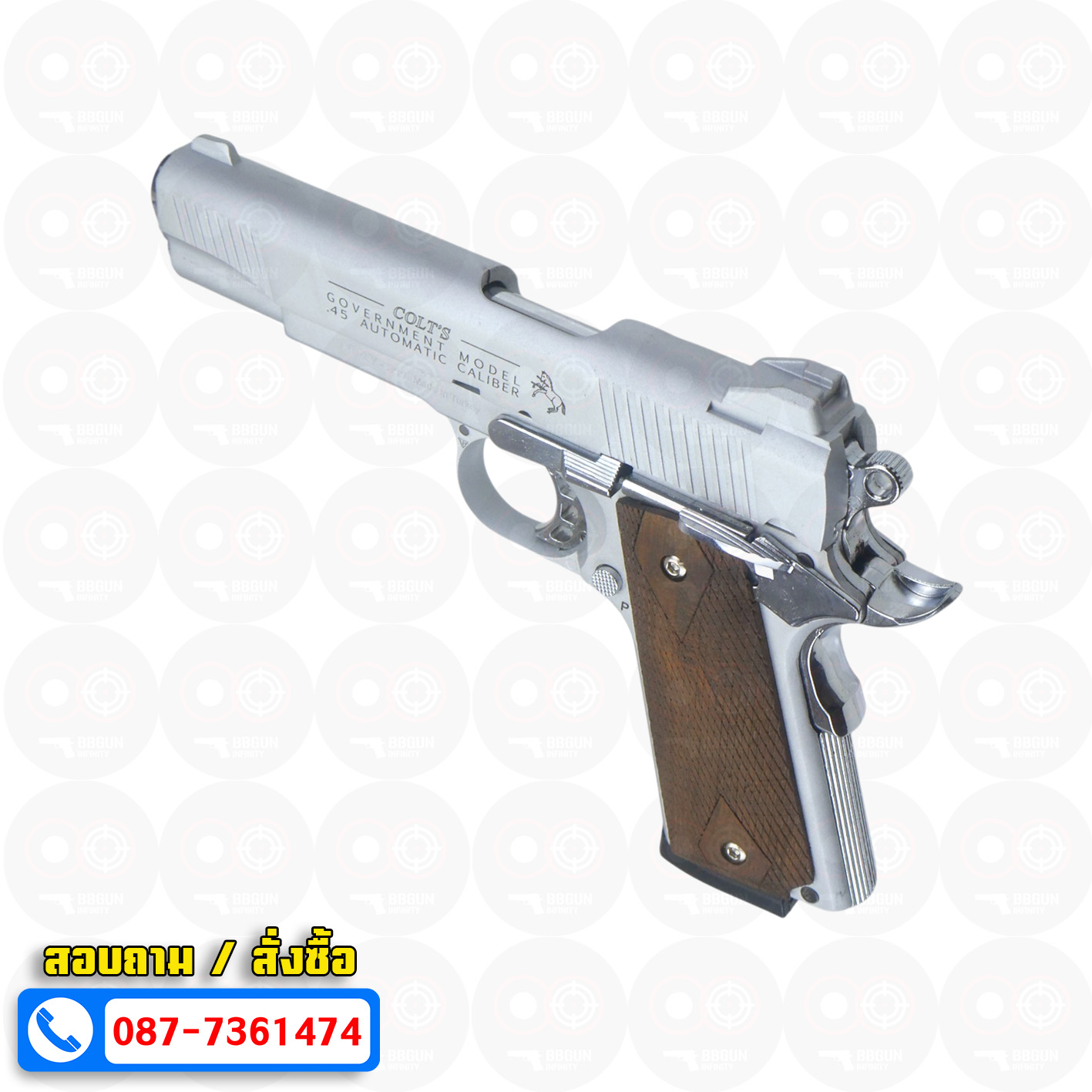 แบลงค์กัน KUZEY M1911 COLT GOVERMENT 100 Year สีเงินด้าน ลำกล้อง 5 นิ้ว blank gun ด้ามไม้
