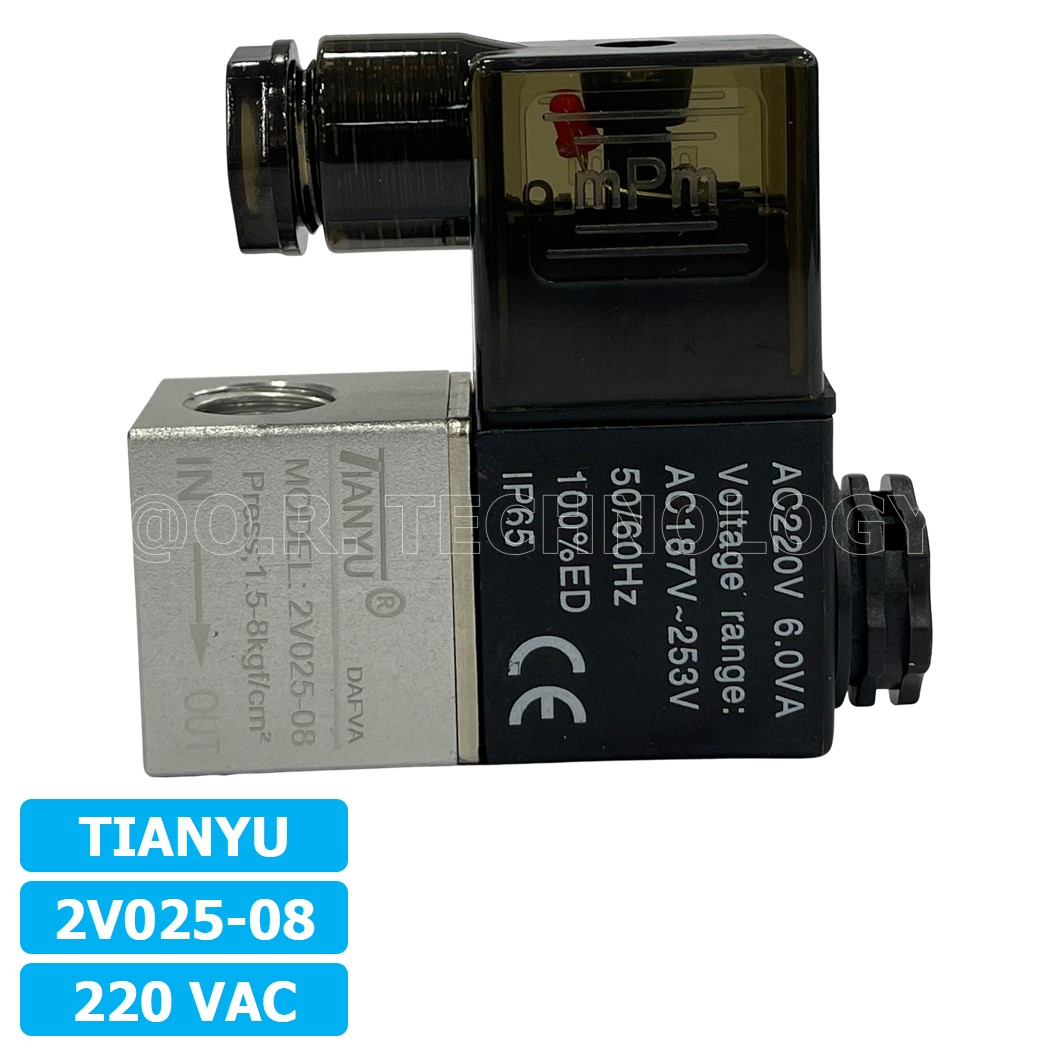 (1ชิ้น) 2V025-08 220VAC โซลินอยด์วาล์ว คอยล์ 1 ข้าง 2/2 Way Single Coil Solenoid Valve Pneumatic TIANYU
