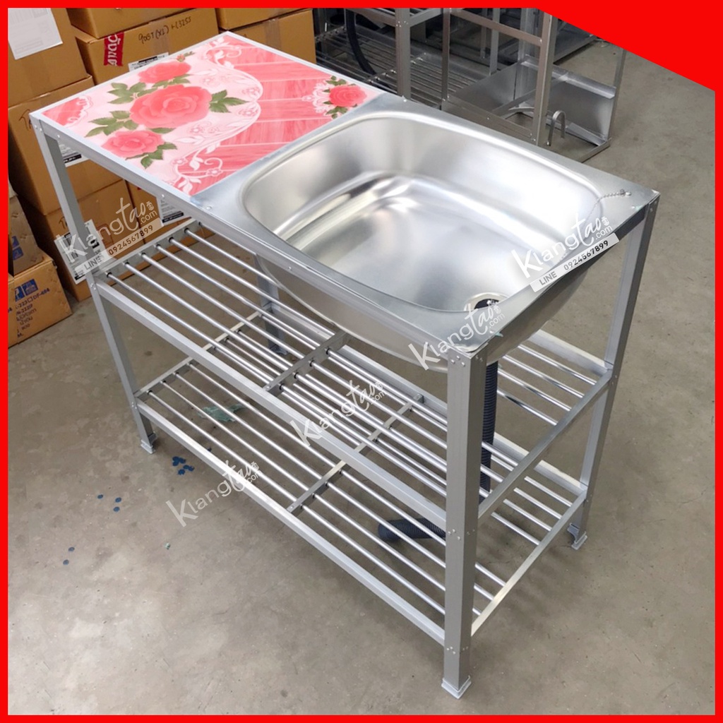 Diamond อ่างล้างจาน ตราเพชร 41x89x81 ซม. (1หลุม 2 ชั้น) ด้านข้างกระเบื้อง | ซิงค์อลูมิเนียม (เลือกก๊อกน้ำได้)