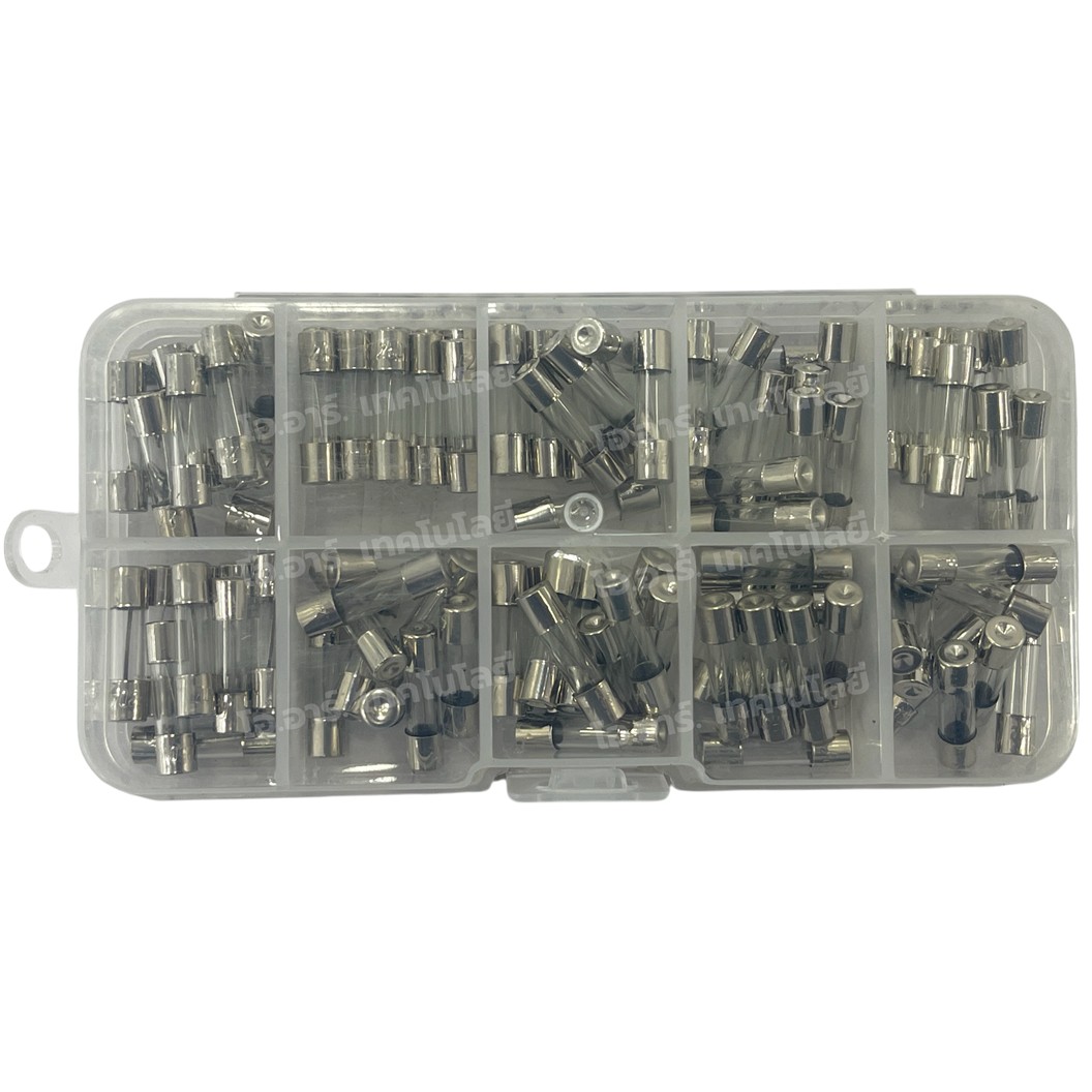 Fuse box 100pcs 5x20mm ชุดฟิวส์ 100ชิ้น 10ค่า ค่าละ 10ชิ้น Fuse tube glass with component box 0.2A~20A ฟิวส์ไฟฟ้า