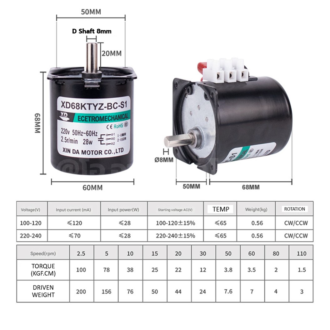 XD68KTYZ 2.5-110RPM AC 220V ซิงโครนัสมอเตอร์ 28W Synchronous Motor AC แกน D 8mm 68KTYZ Gear Reduction มอเตอร์แม่เหล็กไฟฟ้าถาวร Permanent Magnet Motor มอเตอร์รอบช้า รอบต่ำ