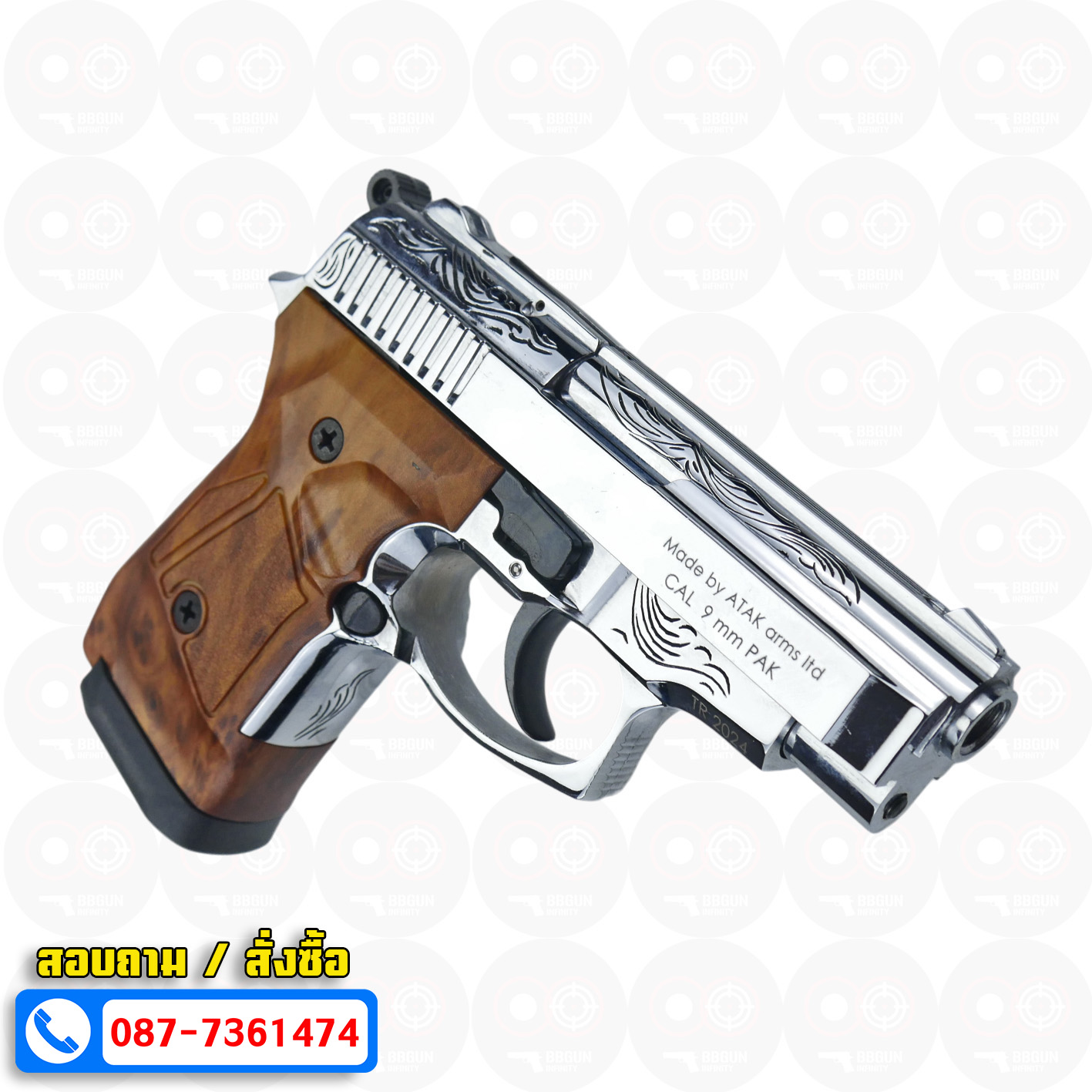 ปืนแบลงค์กัน Zoraki 914-TD Auto สีเงินเงาแกะลาย ด้ามลายไม้ 9mm P.A.K. Blank gun (แถมกล่องใส่ปืน)