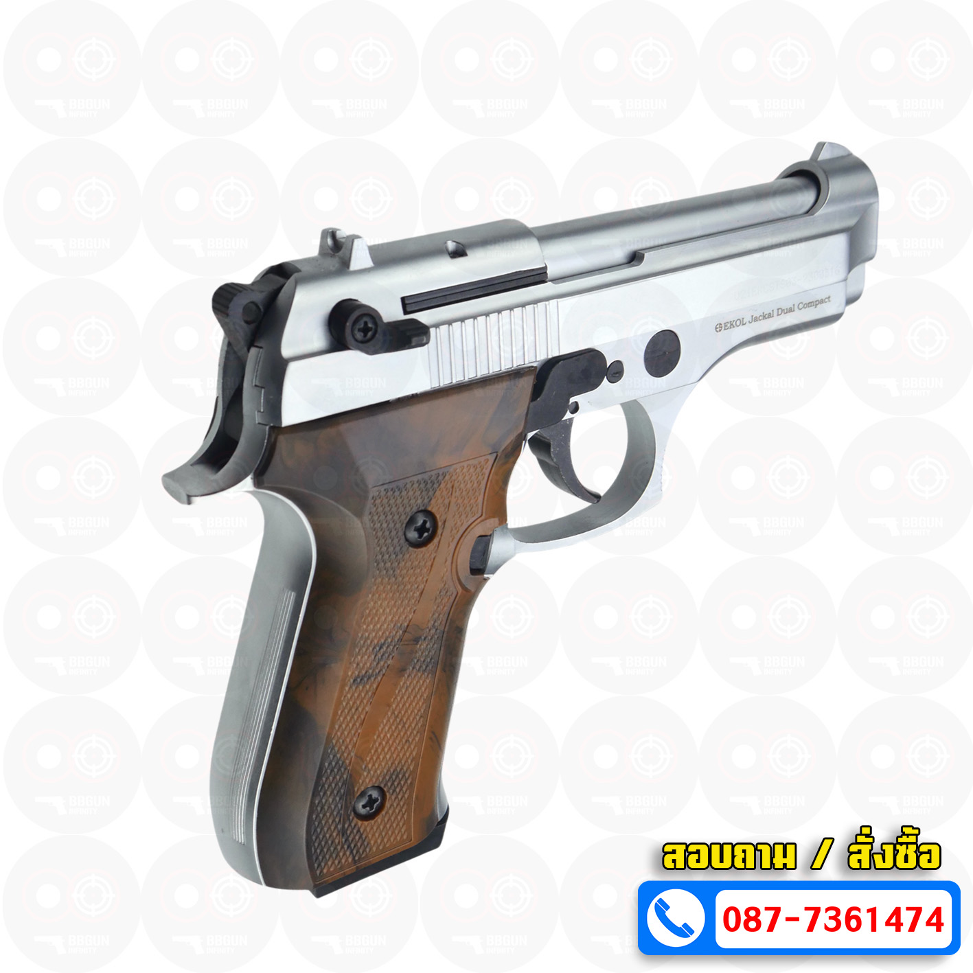 EKOL Jackal Dual Compact M92 4" (Full Auto) สีเงินด้าน แบลงค์กันบาเร็ตต้า 9 mm.P.A.K. (ฟูลออโต้) (แถมกล่องใส่ปืน แม็กกาซีน 2 อัน) blank gun