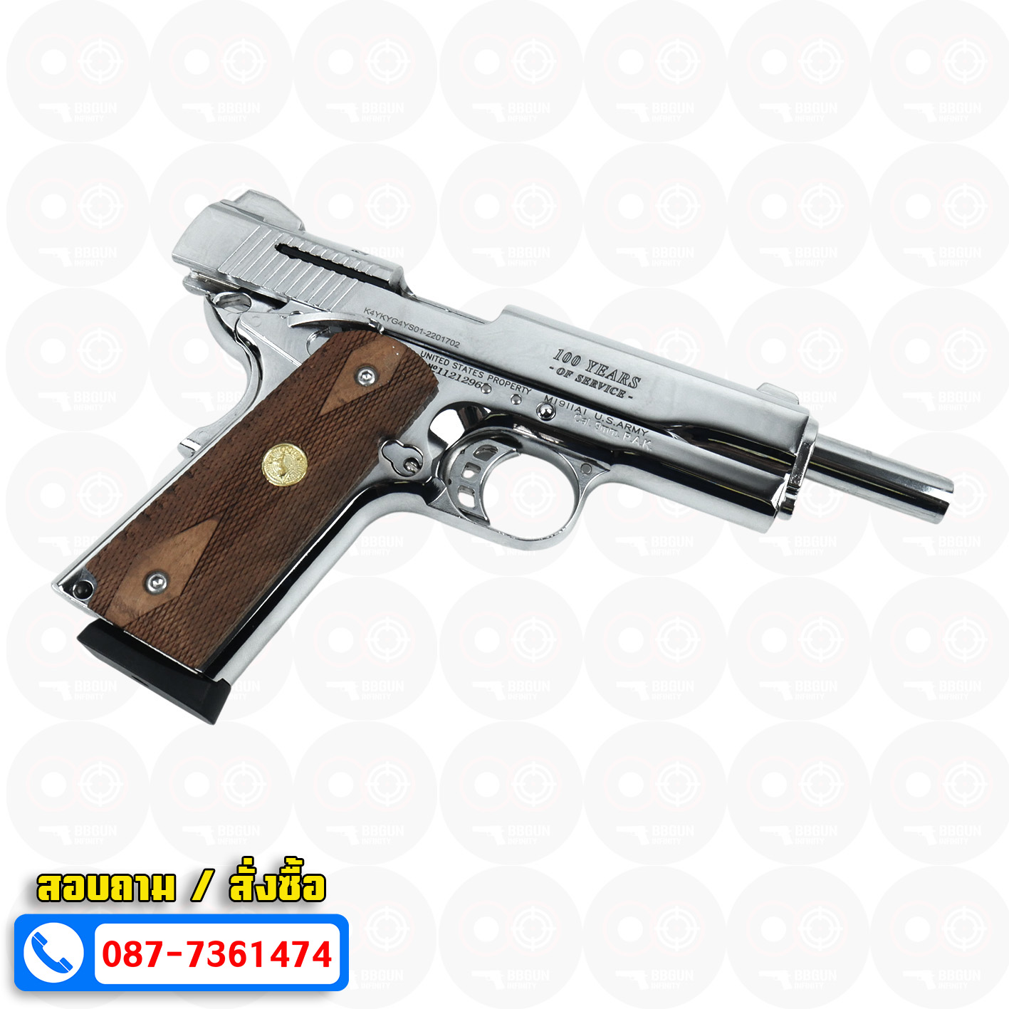 แบลงค์กัน KUZEY M1911 5 นิ้ว COLT GOVERMENT 100 Year สีเงินเงา blank gun ด้ามไม้