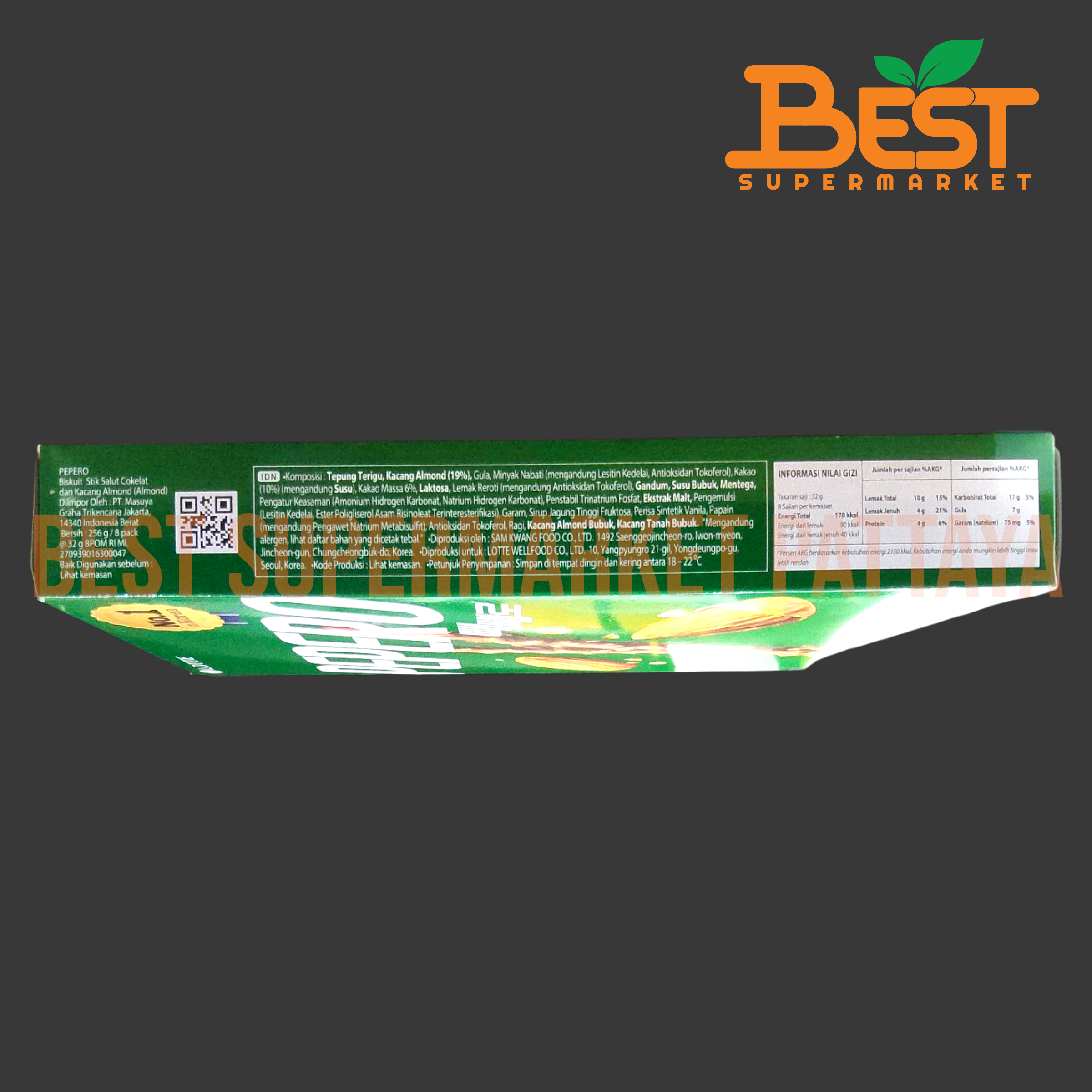 ล็อตเต้ บิสกิตแท่งเคลือบรสช็อกโกแลตและอัลมอนด์ 32 กรัม. x 8 แพ็ค.Lotte Brand.Almond Pepero 32 g. x 8packs