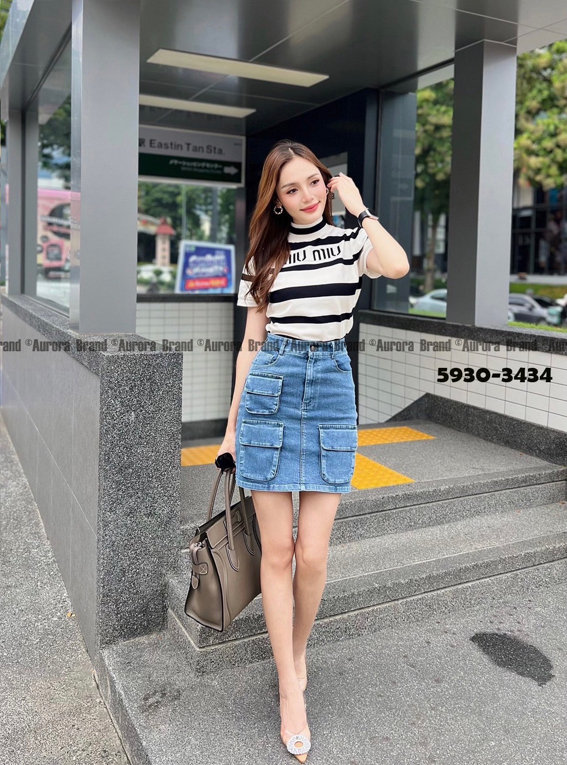 🍦 XS 🍦 AURORA Setเสื้อเนื้อผ้านิตติ้งกับกระโปรงยีนส์สั้น