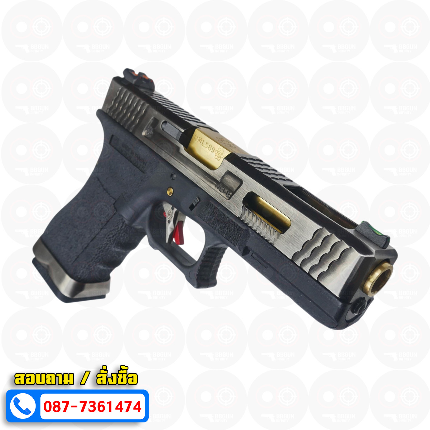 บีบีกันอัดแก๊ส WE Glock 18 G-Force T3 เฟรมดำ สไลด์เงิน ท่อทอง BB GUN