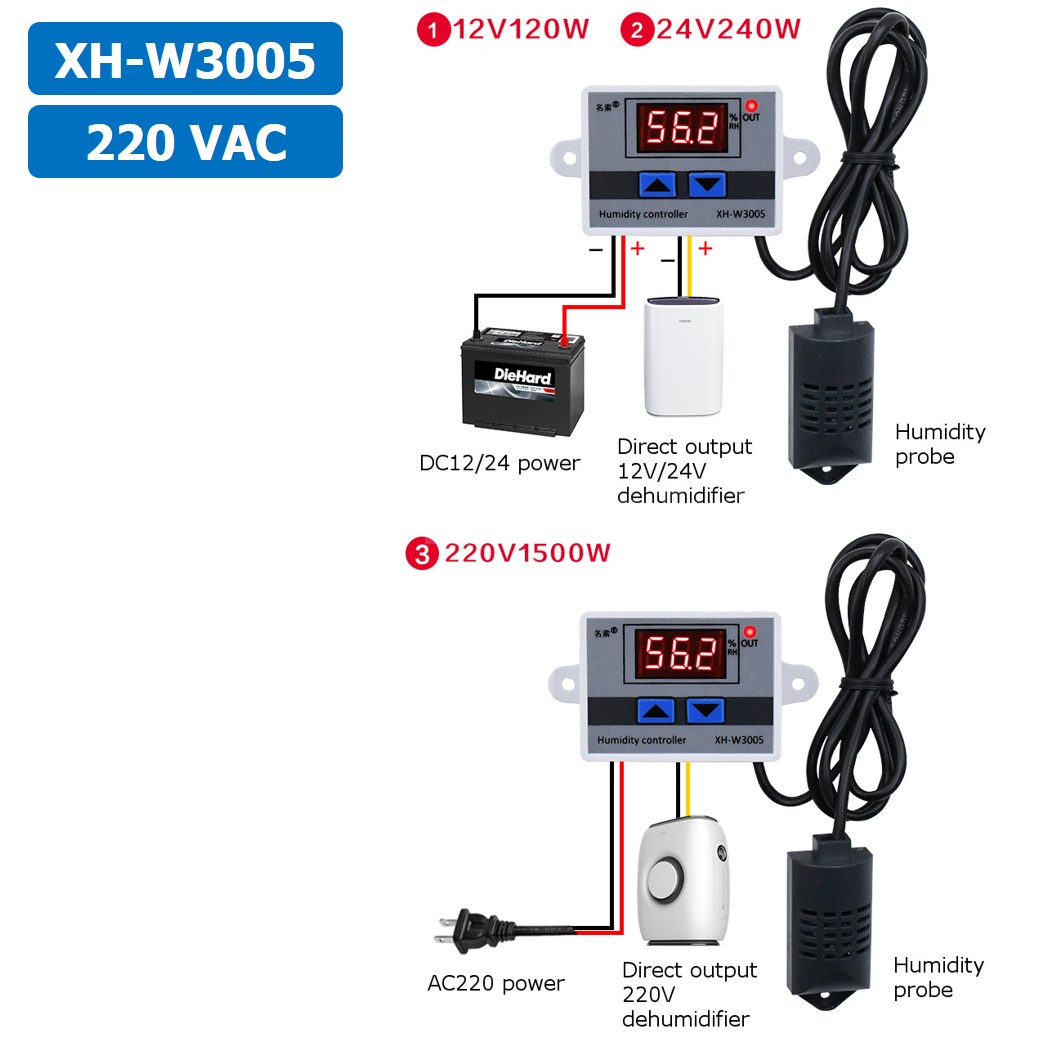 XH-W3005 220VAC เครื่องควบคุมอุณหภูมิ และความชื้น Digital Temperature and Humidity Controller Thermostat Switch Probe AC 220V