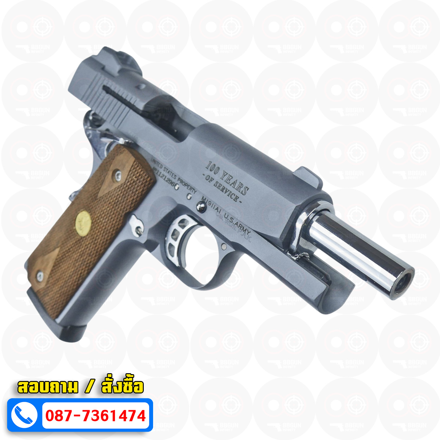 แบลงค์กัน KUZEY M1911 COLT'S 100 ปี สีสโมค 4 นิ้ว blank gun ด้ามไม้