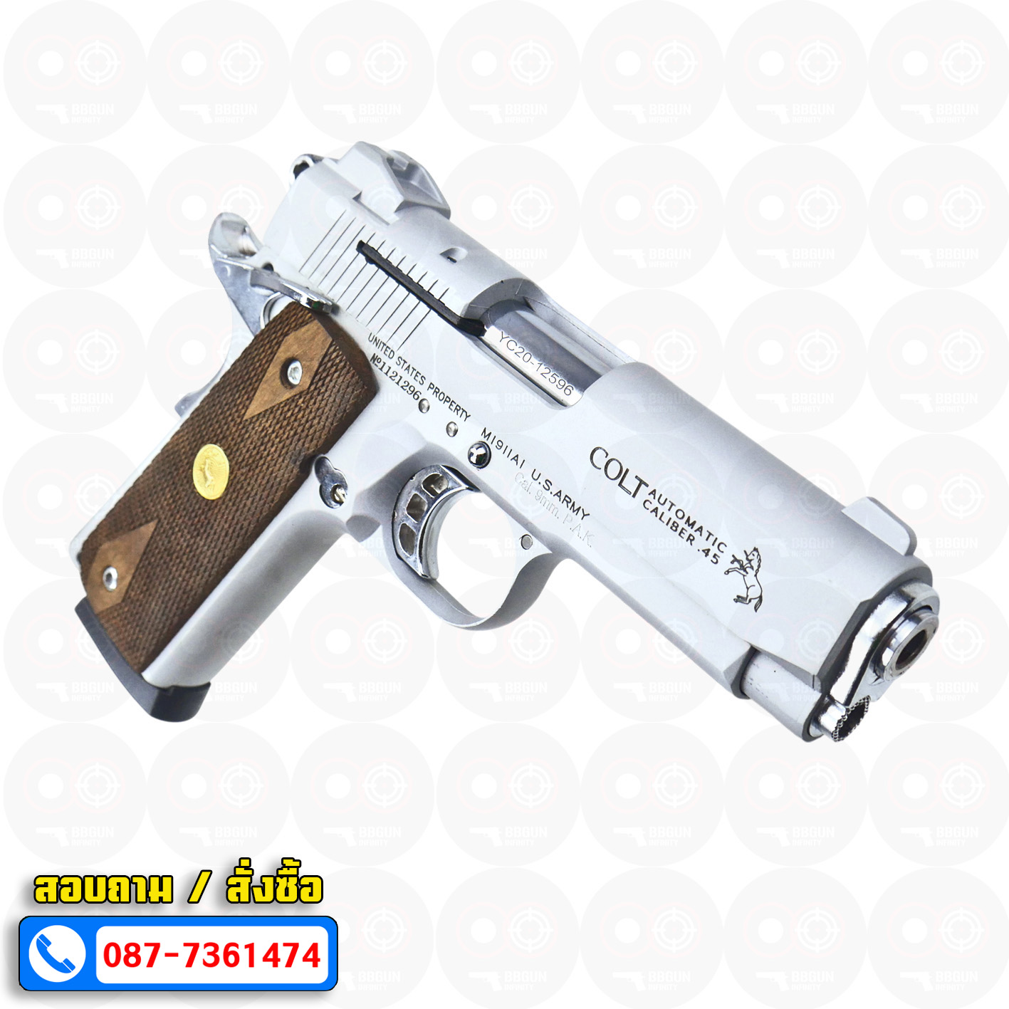 Blank Gun KUZEY M1911 COLT MK IV SERIES 80 ลำกล้อง 4 นิ้ว เงินด้าน แบลงค์กัน ด้ามไม้ (แถมกล่องใส่ปืน)