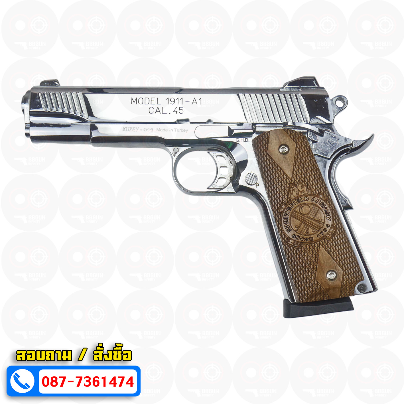 แบลงค์กัน KUZEY M1911-A1 ลำกล้อง 5 นิ้ว SPRINGFIELD ARMORY สีเงินเงา blank gun ด้ามไม้