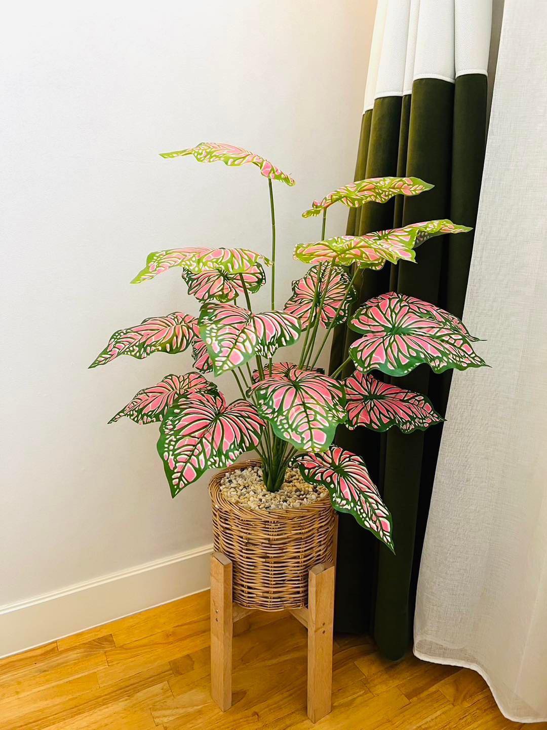 ต้นบอนทับทิมสยามปลอม ความสูง 1 เมตร ชุดกระถางหวาย พร้อมขาตั้ง