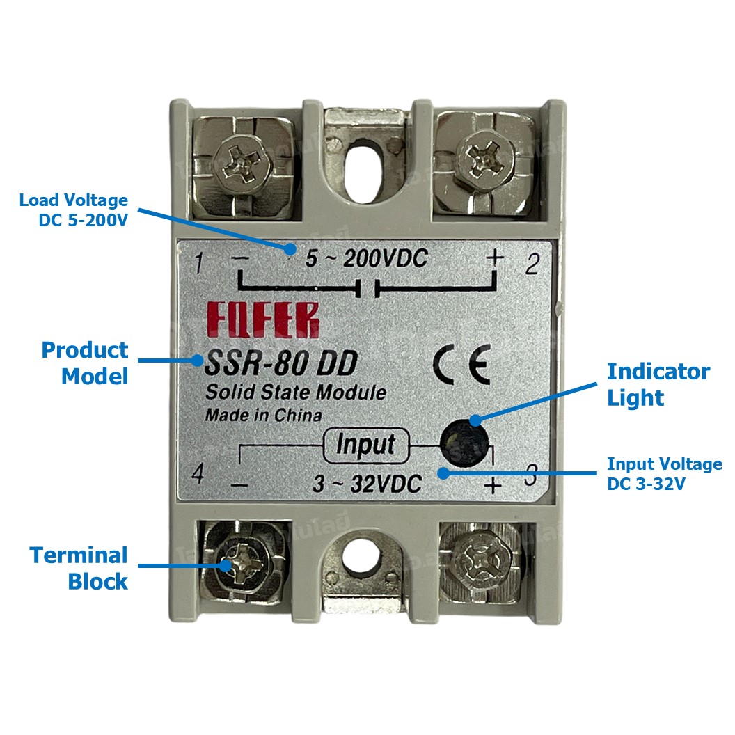 SSR-10DD/25DD/40DD/60DD/80DD/100DD โซลิดสเตทรีเลย์ Solid State Relay INPUT 3-32VDC, LOAD 5-200VDC 10-100A โมดูลตัดต่อวงจร