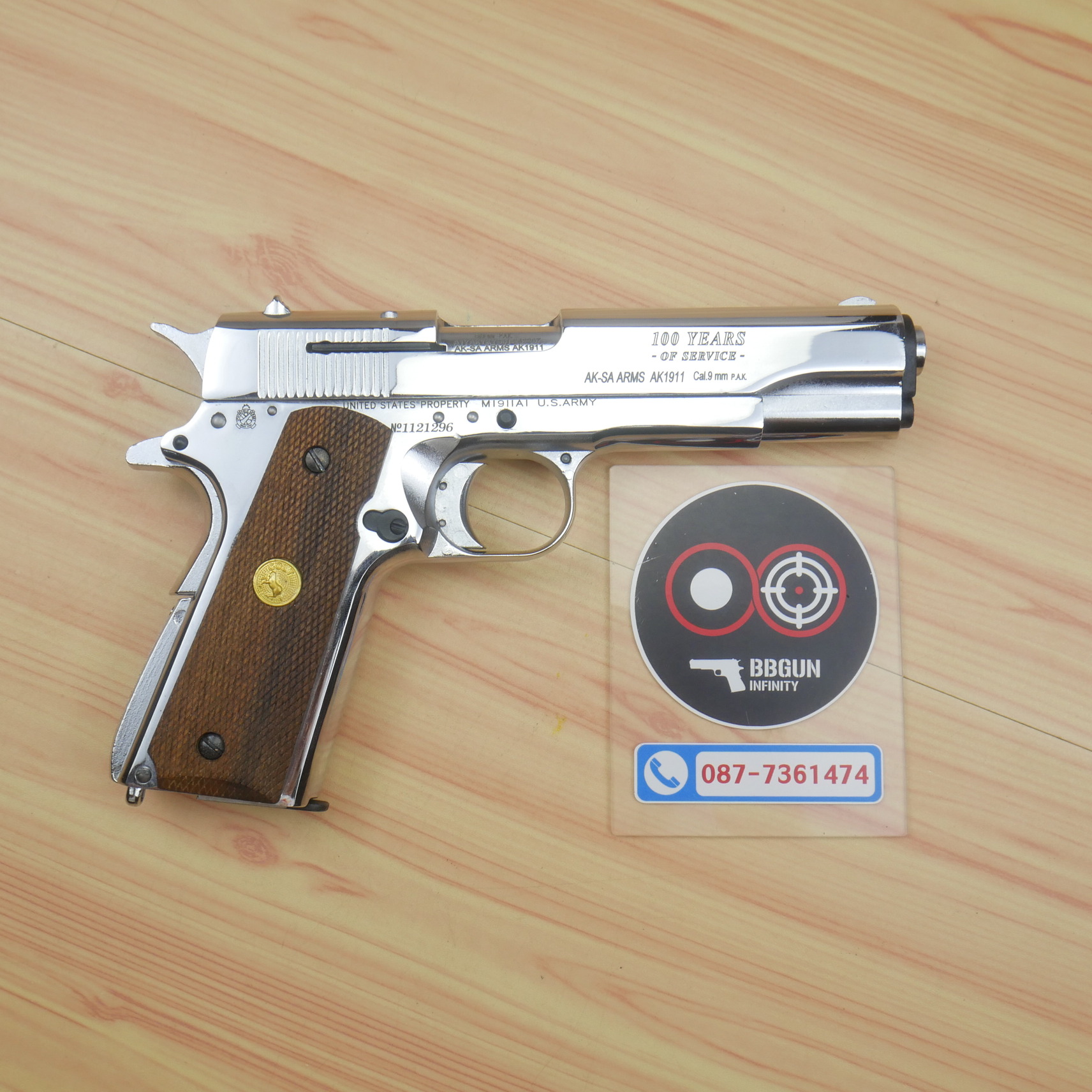 แบลงค์กัน AKSA Colt's Government Model .45 Automatic Caliber 100 Years สีเงินเงา กริปไม้ (2 แม็กกาซีน) BLANK GUN