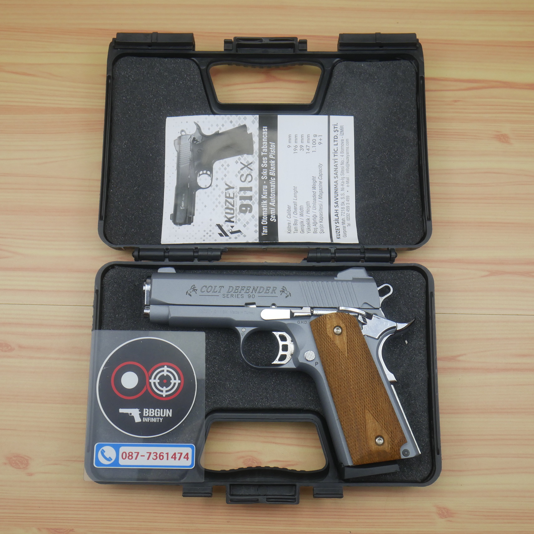 แบลงค์กัน KUZEY M1911 COLT'S DEFENDER SERIES 90 สีสโมค 4 นิ้ว ด้ามไม้ Blank Gun